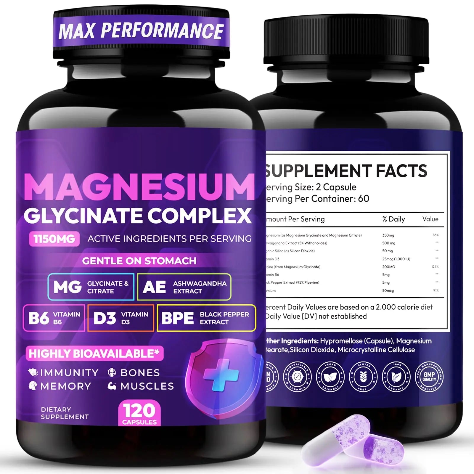 Magnesium Glycinate Complex 1150mg - Gentle on Stomach High Absorption Magnesium Capsules with Citrate, Silica, Ashwagandha & Vitamin B6 for Zzz, Stress Relief, Muscle Support for Adults, Women & Men Cytona Au supplements