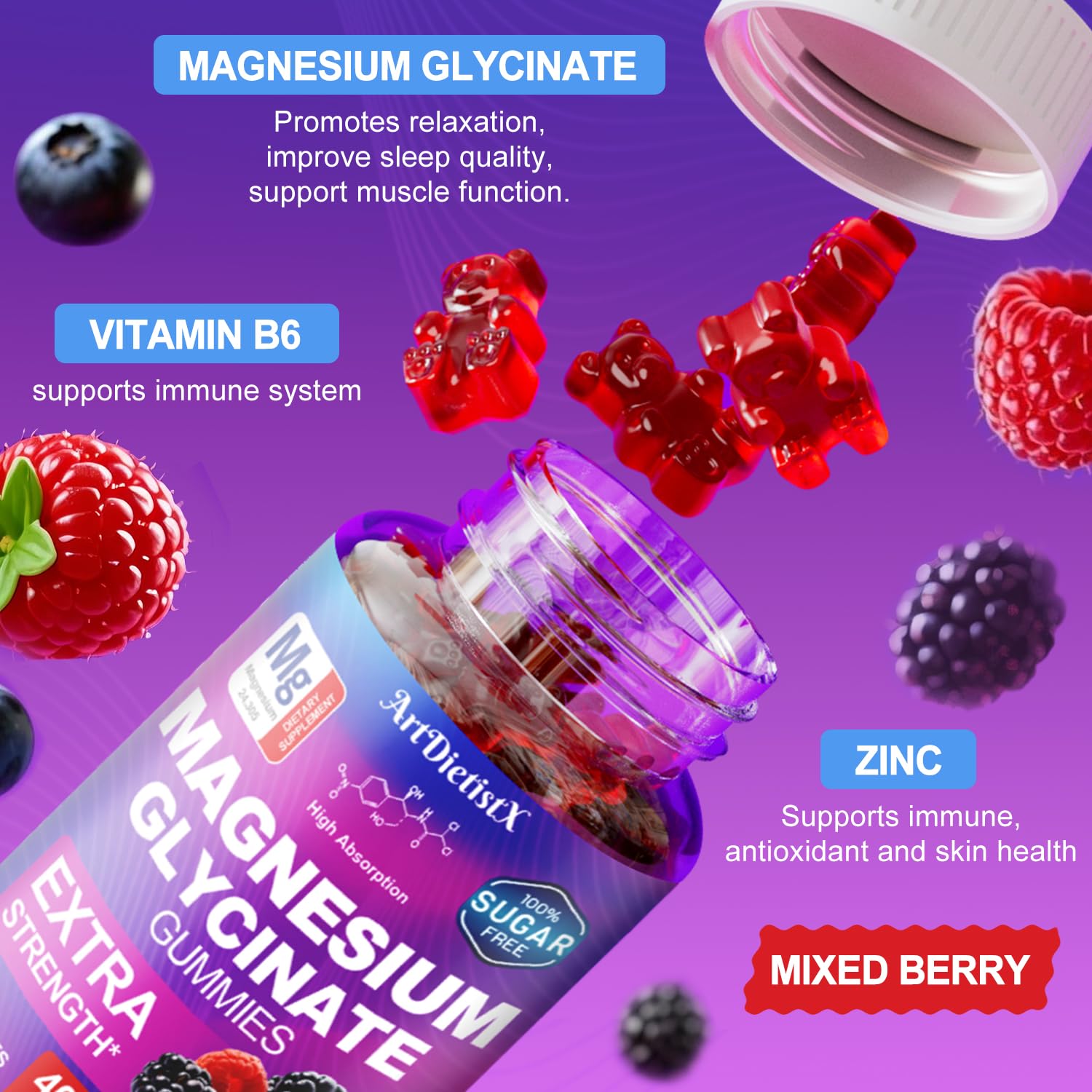 Magnesium Glycinate Gummies 400mg, Sugar Free Mаgnеsium Gummiеs for Adults with Magnesium Malate, Zinc, and Vitamin B6 for Sleep, Body Support and Relaxation, Non GMO, 60 Count-Multi-Flavor ArtDietistX Au supplements