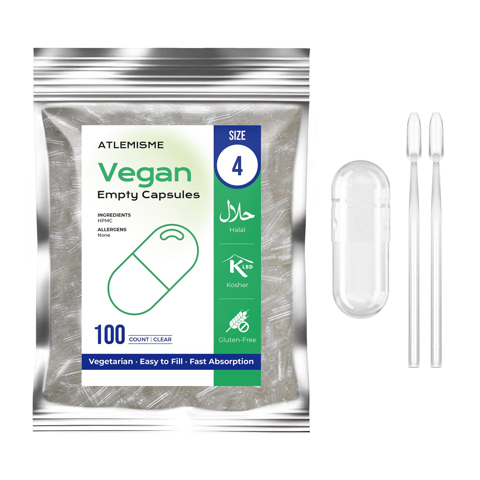 ATLEMISME Empty Vegan Capsules Size 4 - Vegan Capsules DIY Vegetable Capsule Filling - Veggie Caps with 2 Micro Lab Spoons for Capsule Filling ATLEMISME Au supplements
