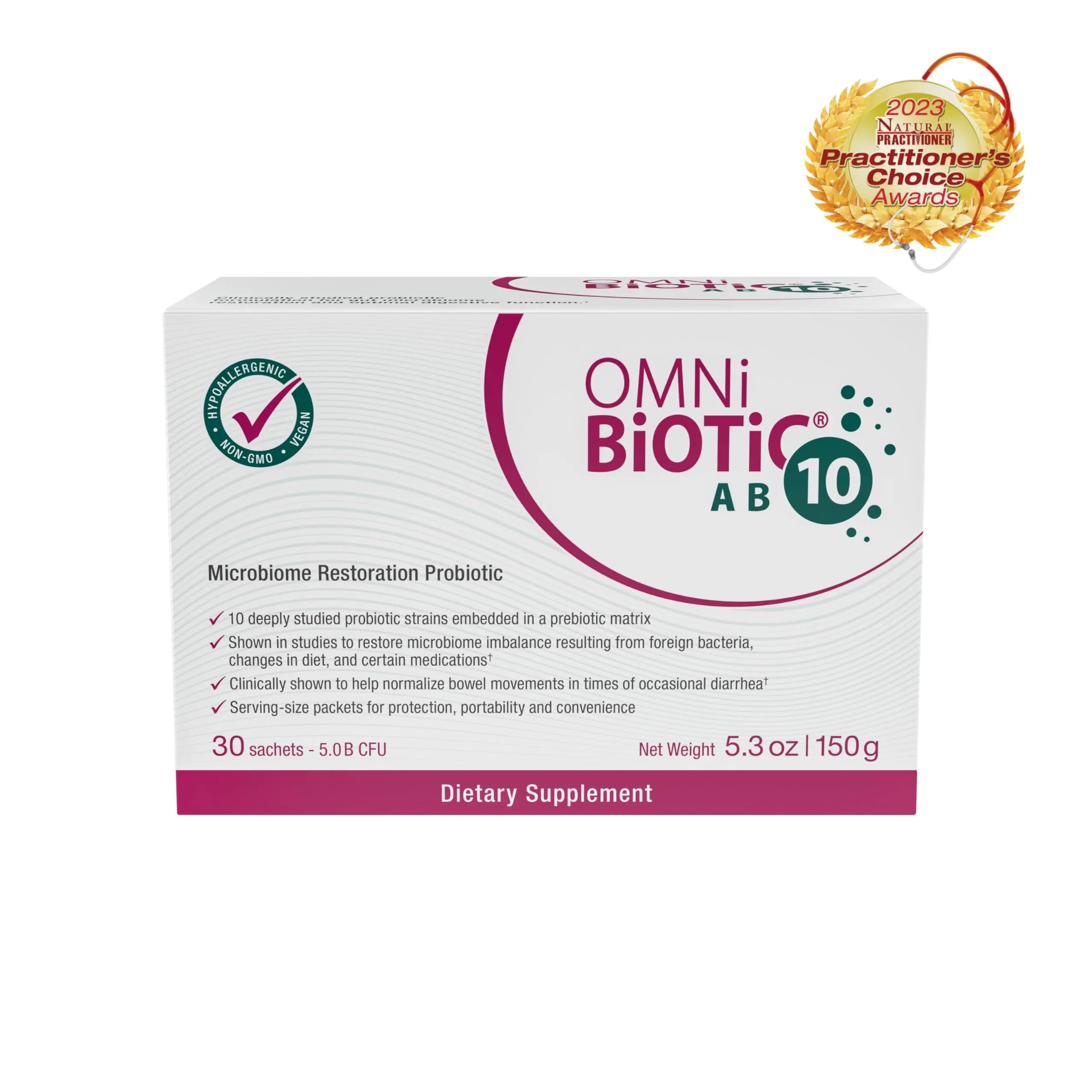OMNi BiOTiC AB 10 - Clinically Tested Restorative Probiotic - Supports & Restores Gut Flora & Digestion - Digestive Probiotic for Diarrhea - Vegan, Hypoallergenic, Non-GMO (30 Daily Packets) OMNi BiOTiC Au supplements
