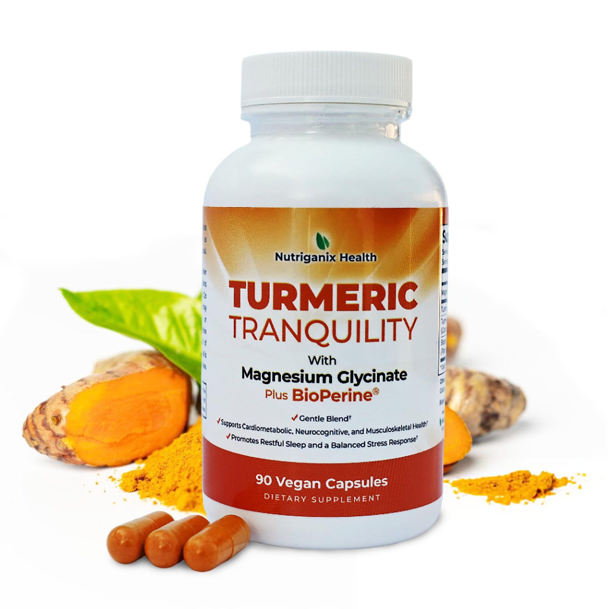 Turmeric Tranquility Turmeric Curcumin & Magnesium Glycinate with BioPerine – Support for Stress Relief, Sleep, Heart Health, Muscles, Metabolism, and Joint Health* - High Absorption - 90 Capsules (1) Nutriganix Au supplements