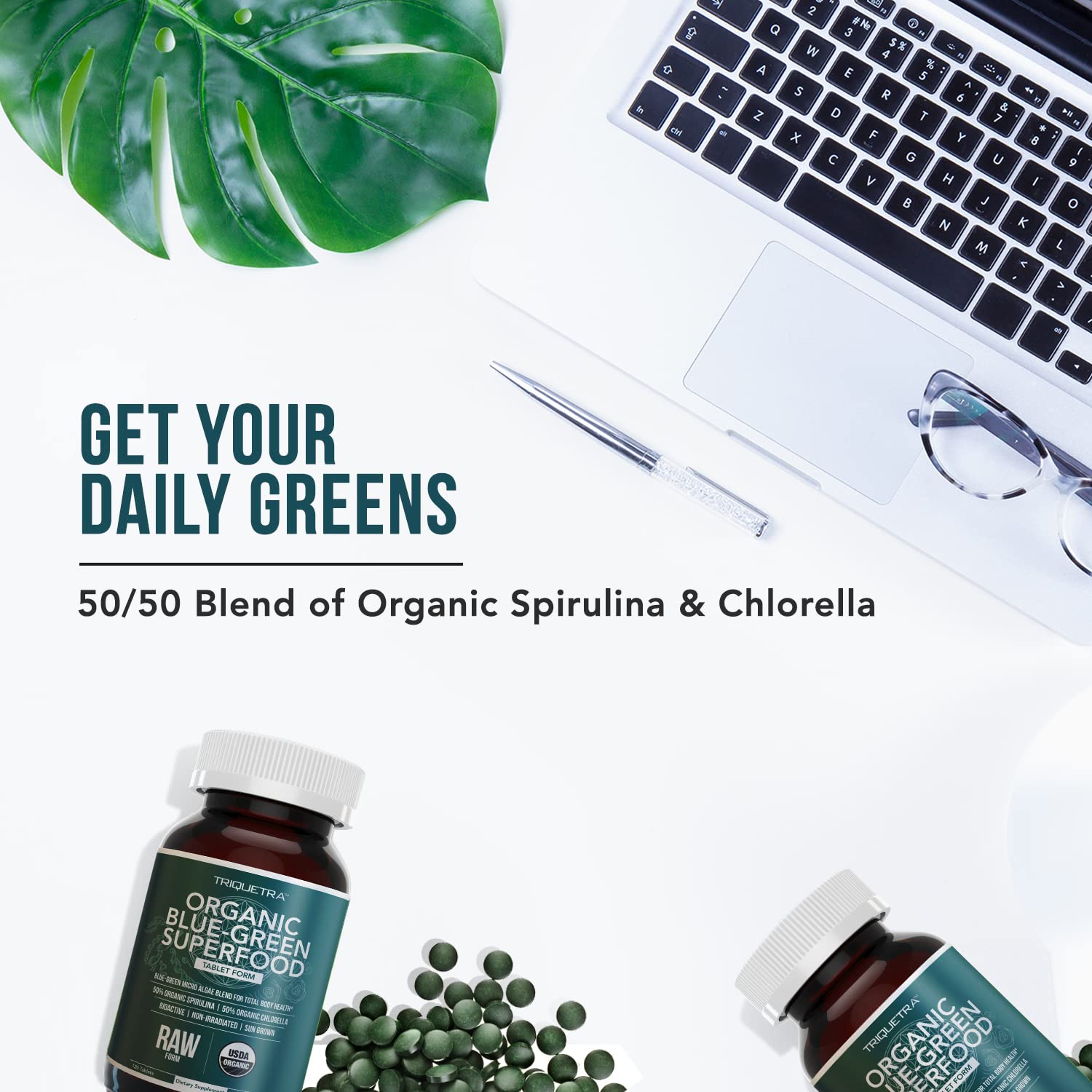 Organic Spirulina & Chlorella Tablets – 4 Organic Certifications, Raw, Non-Irradiated – 50/50 Blue Green Algae Blend – Antioxidant Content Equal to 5 Servings of Vegetables (120 Tablets) Triquetra Health Au supplements