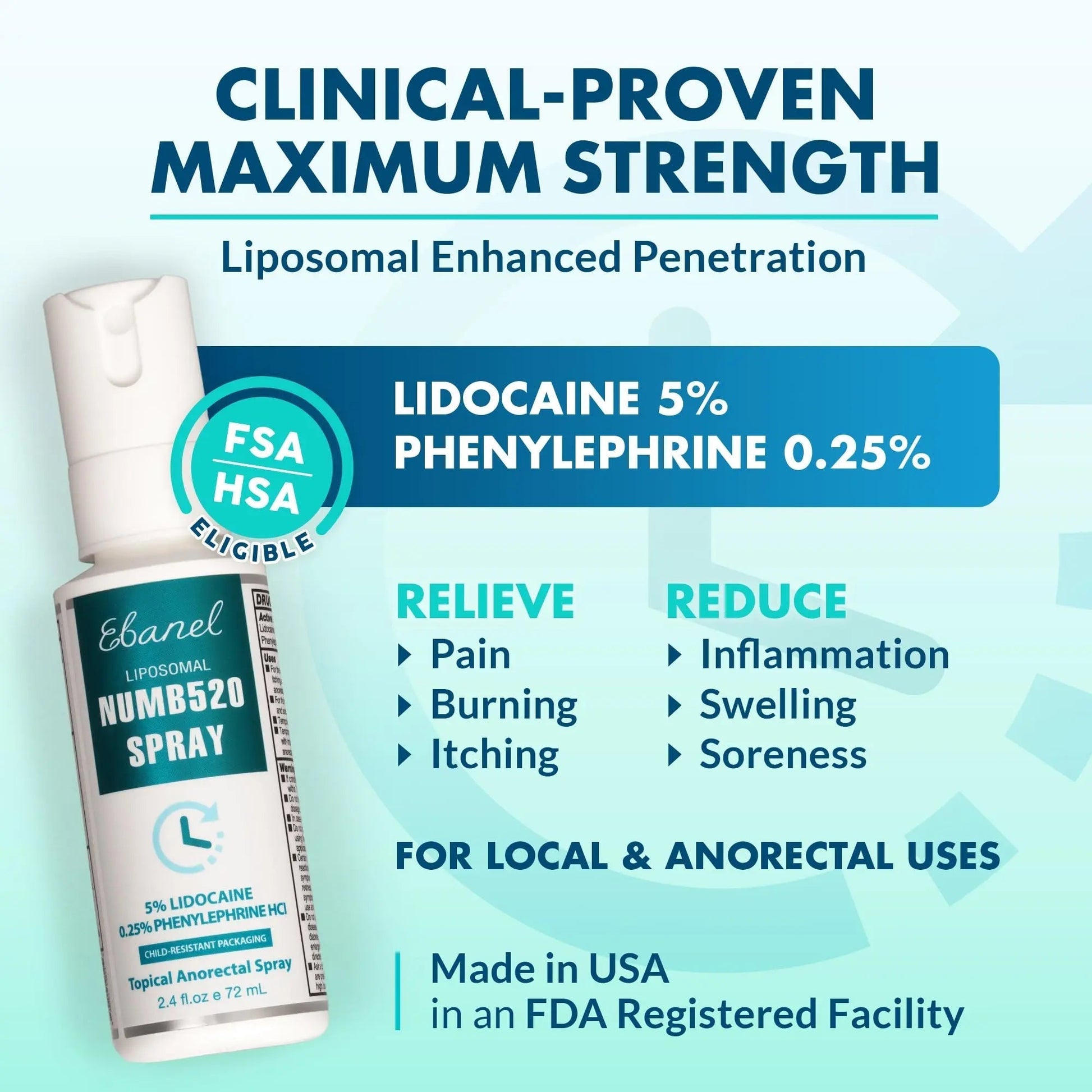 Ebanel 5% Lidocaine Spray Pain Relief Numb520 Burn Itch Relief Numbing Spray for Skin, Topical Anesthetic Postpartum Hemorrhoid Treatment with Phenylephrine for Local and Anorectal Uses EBANEL LABORATORIES Au supplements