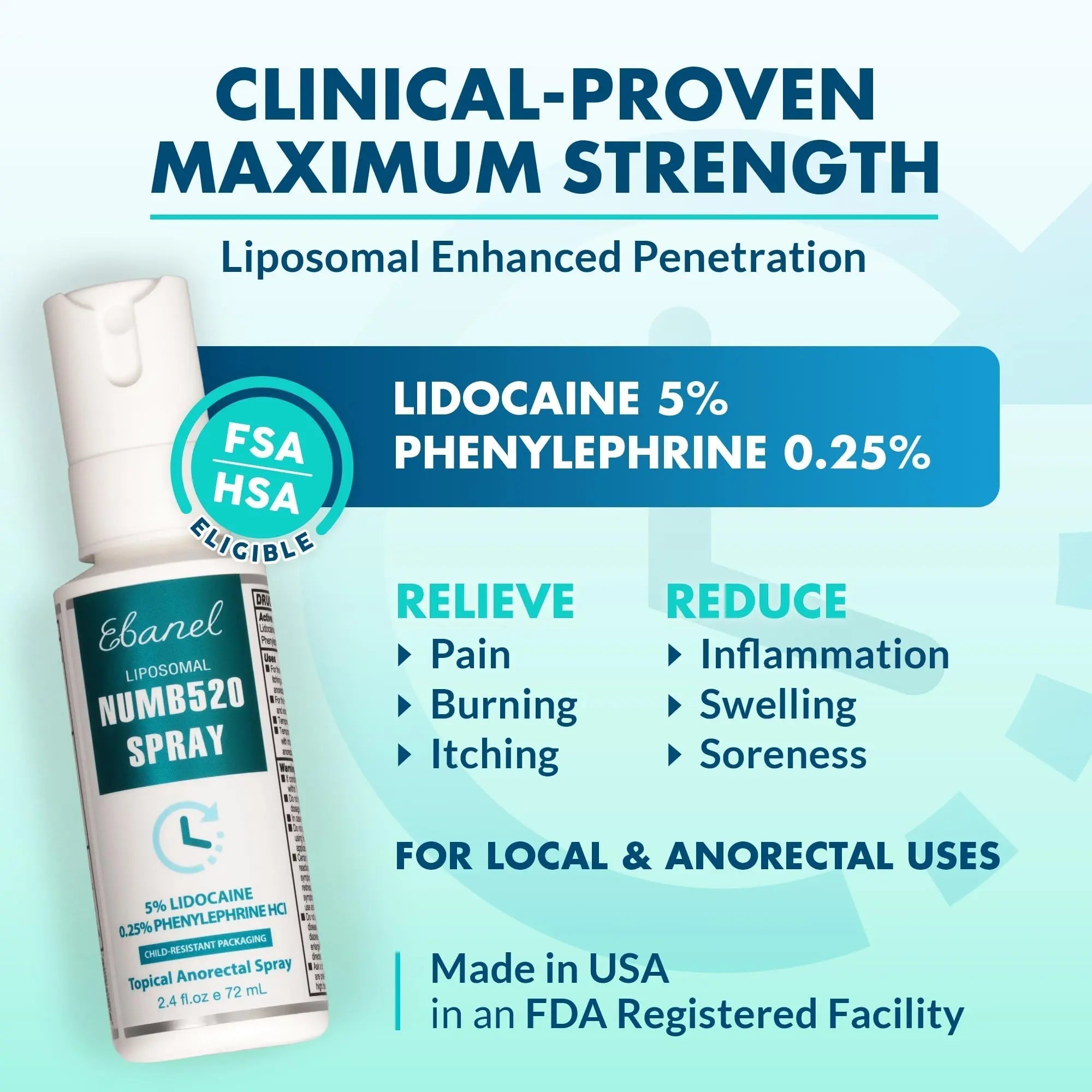 Ebanel 5% Lidocaine Spray Pain Relief Numb520 Burn Itch Relief Numbing Spray for Skin, Topical Anesthetic Postpartum Hemorrhoid Treatment with Phenylephrine for Local and Anorectal Uses EBANEL LABORATORIES Au supplements