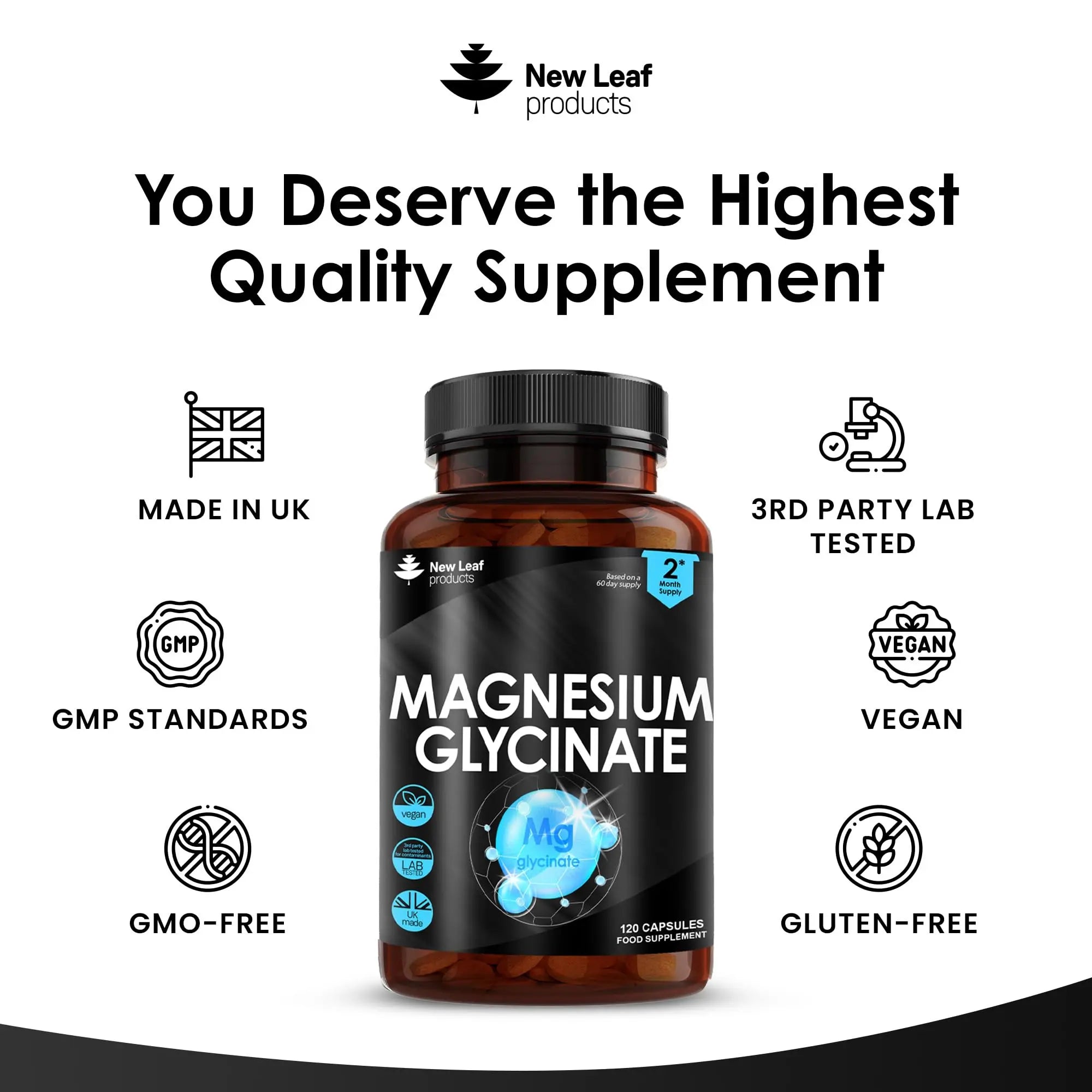 Magnesium Glycinate Supplements - 1040mg of Magnesium - 120 High Strength Capsules NEW LEAF PRODUCTS Au supplements