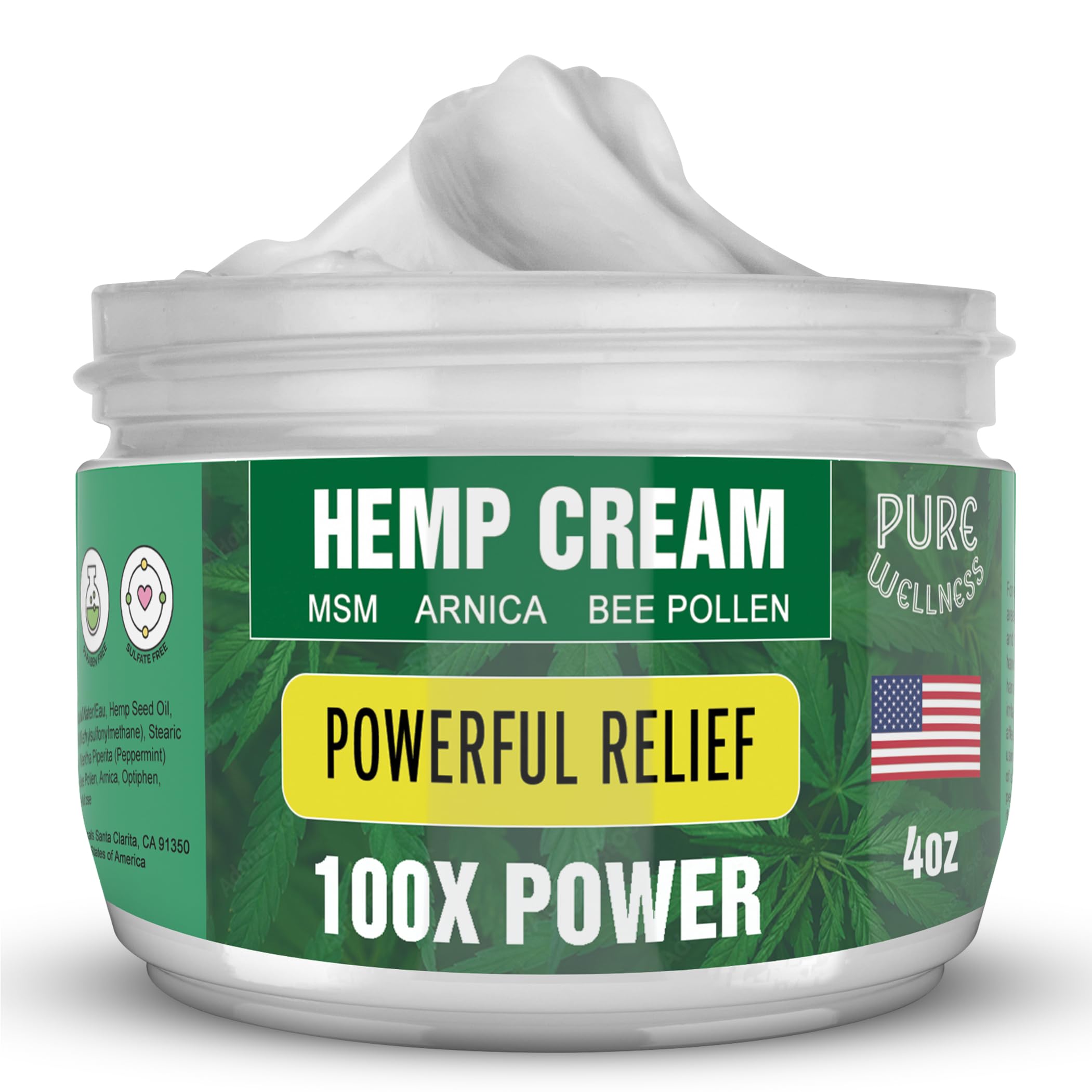 Pure Wellness Hemp Cream Maximum Strength 100,000mg with MSM, Arnica & Bee Pollen - 4 Oz, Supports Relief & Soothing from Joint, Muscle, Shoulder, Back, Knee and Nerve Discomfort - 1 Pack Pure Wellness Au supplements