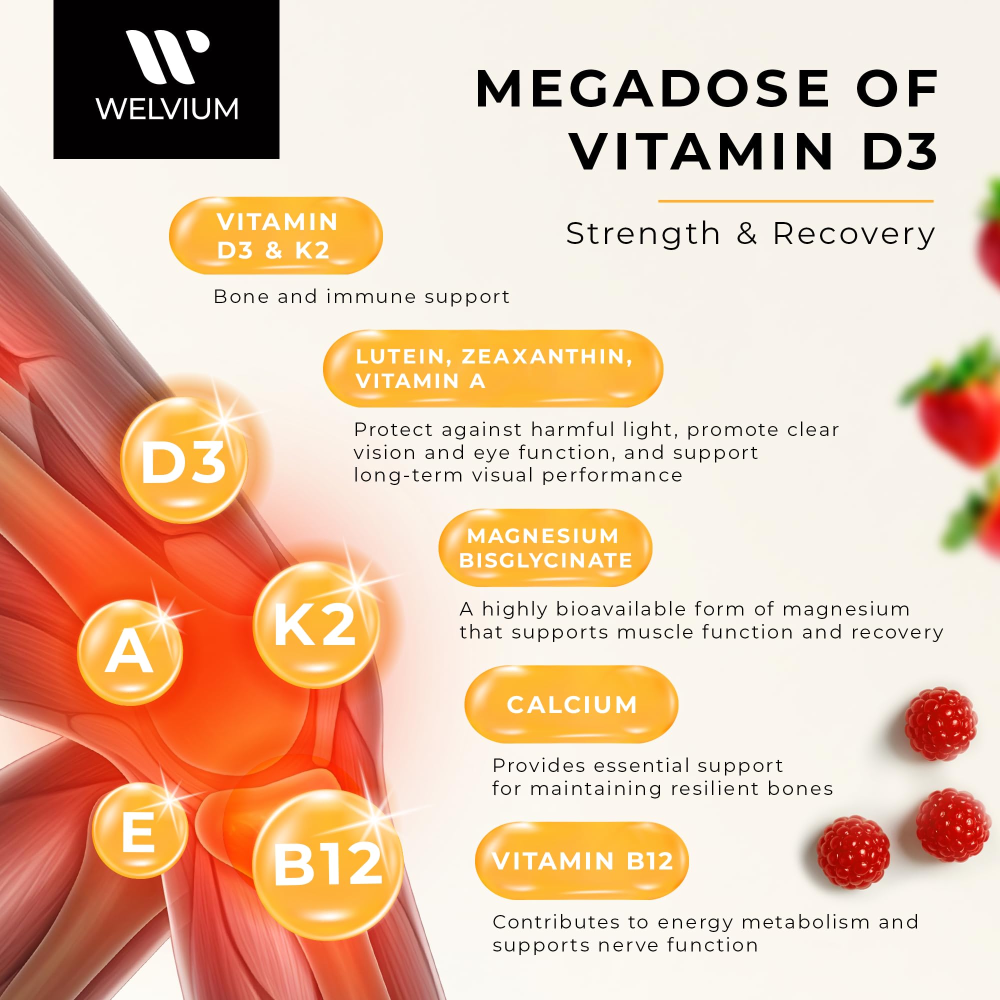 WELVIUM Vitamin D3 K2 Gummies 10000 IU with Magnesium Glycinate, Calcium, B12, K2 MK-7, Vitamins A, E, Lutein, Zeaxanthin - ADK Chewable Supplement for Bone, Eye, Immune Support - D3K2 Gummies WELVIUM Au supplements