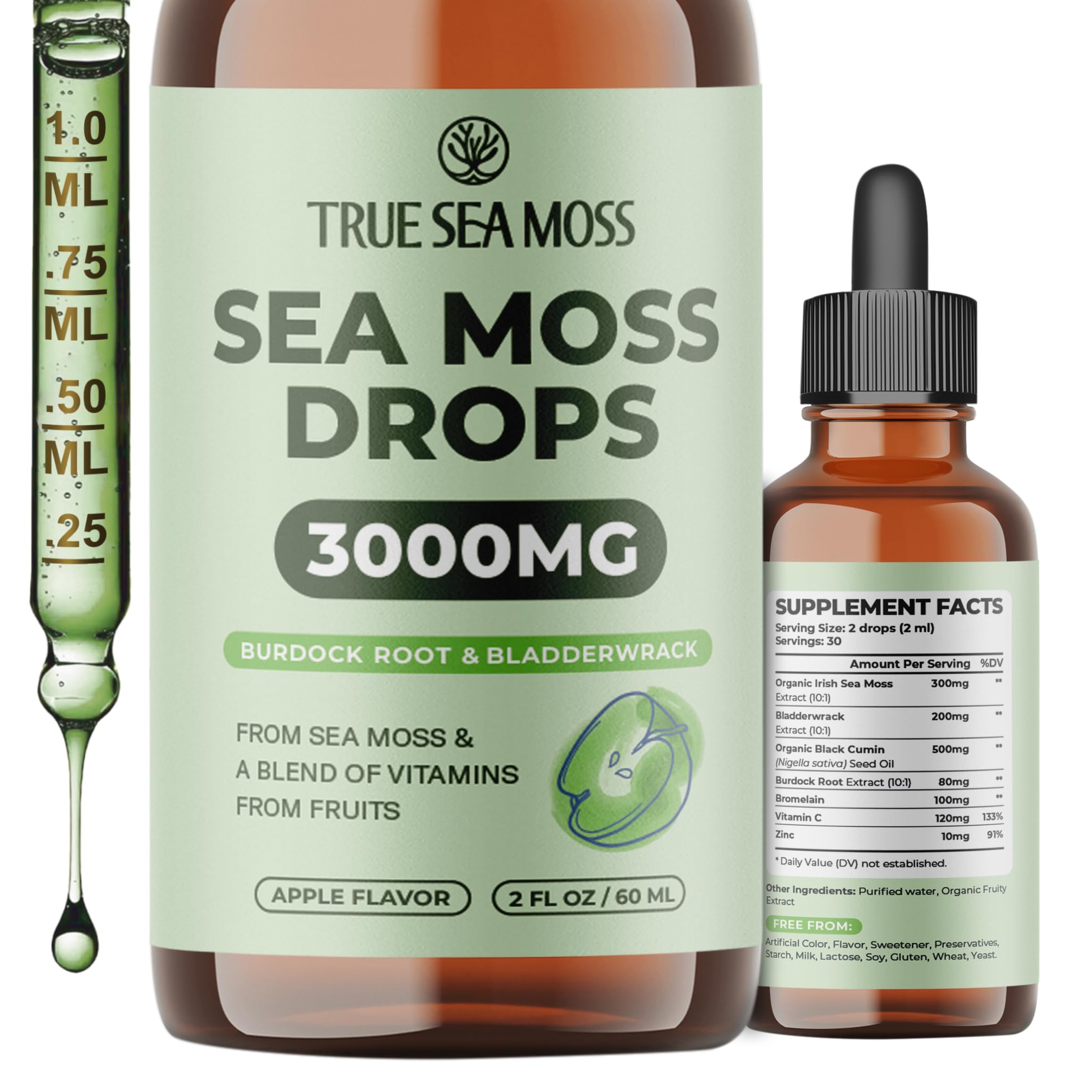 Irish Sea Moss Liquid Drops - 3000mg Formula - with Bladderwrack, Burdock Root & Black Cumin Seed - Liquid Supplement - Apple Flavor - 2 Fl Oz (60ml) TrueSeaMoss Au supplements