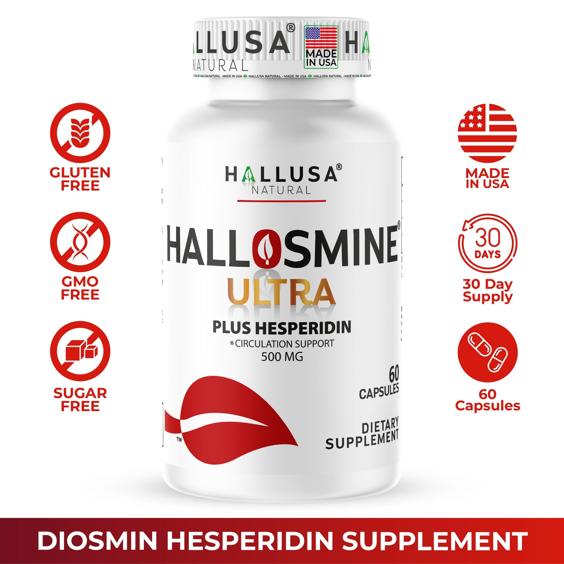 Hallusa Natural Hallosmine Ultra Diosmin 500mg & Hesperidin 150mg – Heavy Legs, Swelling & Vein - Blood Circulation Supplements, 60 Caps Hallusa Natural Au supplements