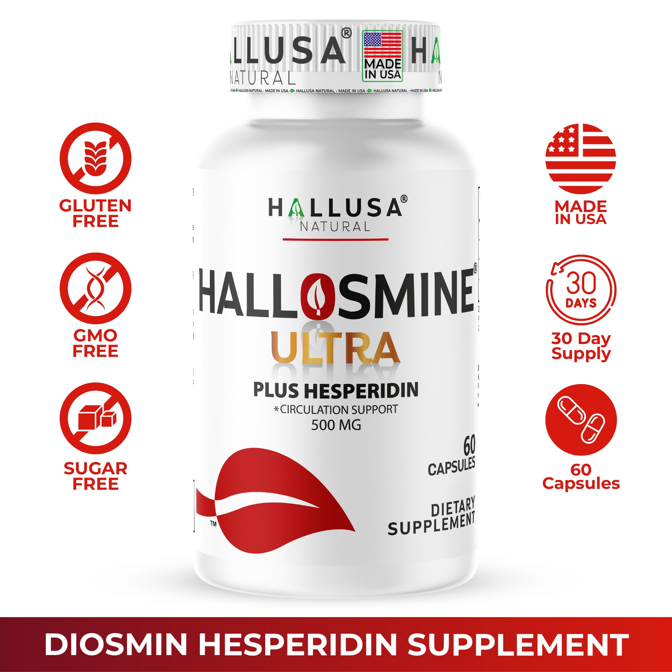 Hallusa Natural Hallosmine Ultra Diosmin 500mg & Hesperidin 150mg – Heavy Legs, Swelling & Vein - Blood Circulation Supplements, 60 Caps Hallusa Natural Au supplements
