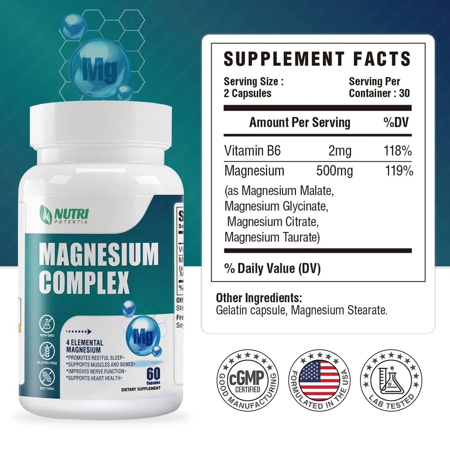 Magnesium Complex for Women&Men,With Glycinate Malate Citrate Taurate.Support for Sleep,Stress Relief,Cognitive Function,Magnesium Supplement 500mg,Third-Party Tested(Made & Tested in USA)-60 Capsules NUTRI POTENTIA Au supplements