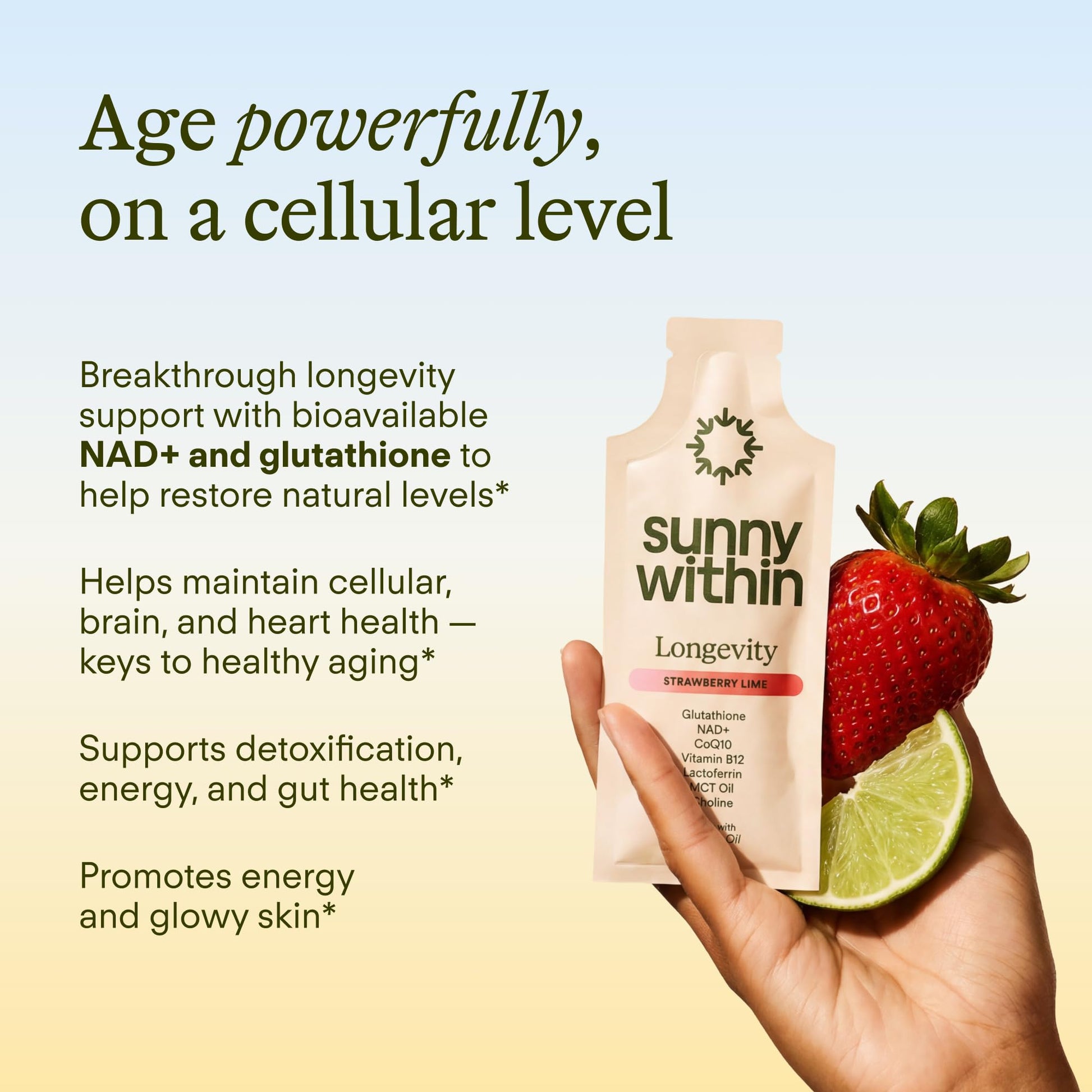 Sunny Within - Liposomal Glutathione Supplement NAD+ Longevity Mix w/Liquid NAD+, CoQ10, B12, MCT & Avocado Oil – Cellular Health, Energy, Brain, Gut & Heart Support* – Strawberry Lime – 30 Pouches Sunny Within Au supplements