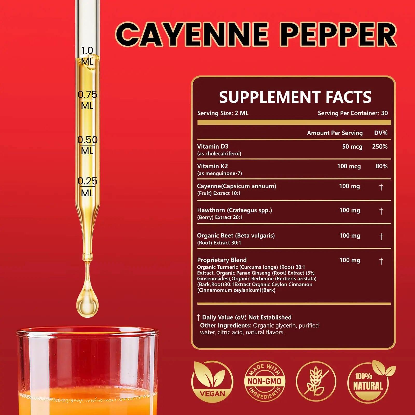 Cayenne Pepper Drops Supplement Liquid with Hawthorn Berry, Vitamin D3 K2, Turmeric Curcumin, Beet Root, Ceylon Cinnamon Vegan- Friendly - 60ml Rshoiw Au supplements