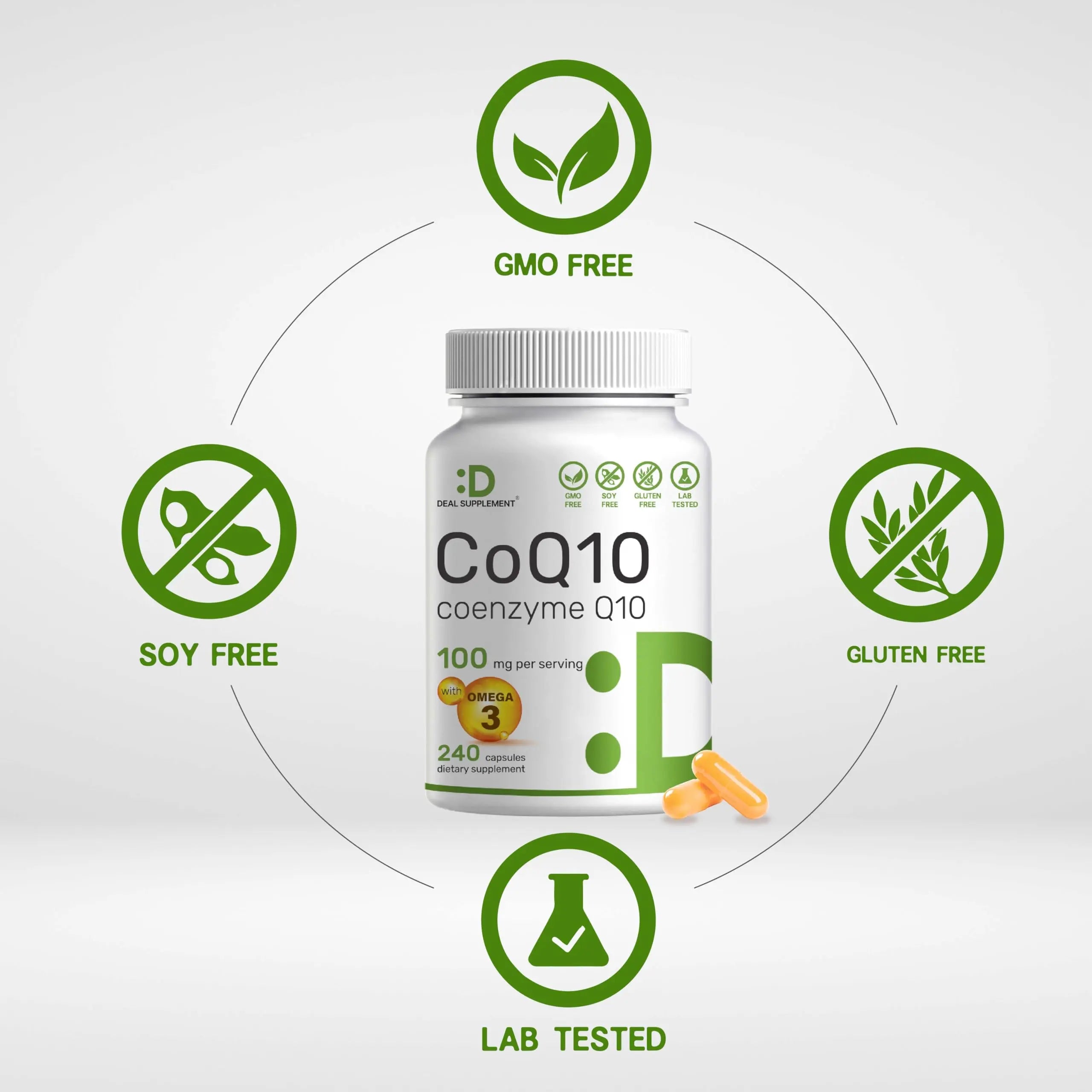 CoQ10 100mg, 240 Capsules – with Omega 3 Fatty Acid 100mg – Bioavailable Coenzyme DEAL SUPPLEMENT Au supplements