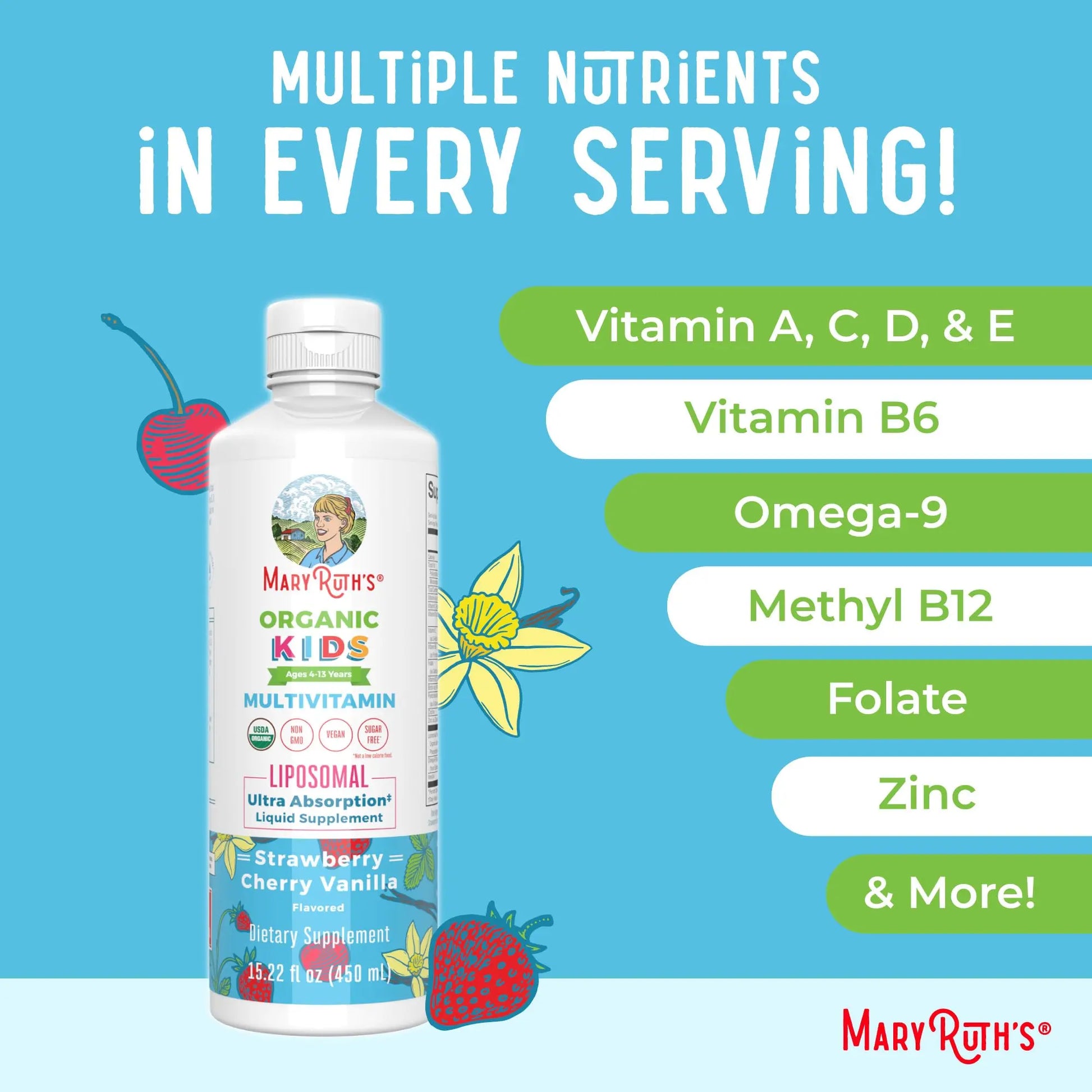 MaryRuth Organics Kids Multivitamin Liposomal | Vegan, Sugar-Free Vitamins for Kids | Ages 4+ | 2 Month Supply | 15.22 Fl Oz MaryRuth Organics Au supplements