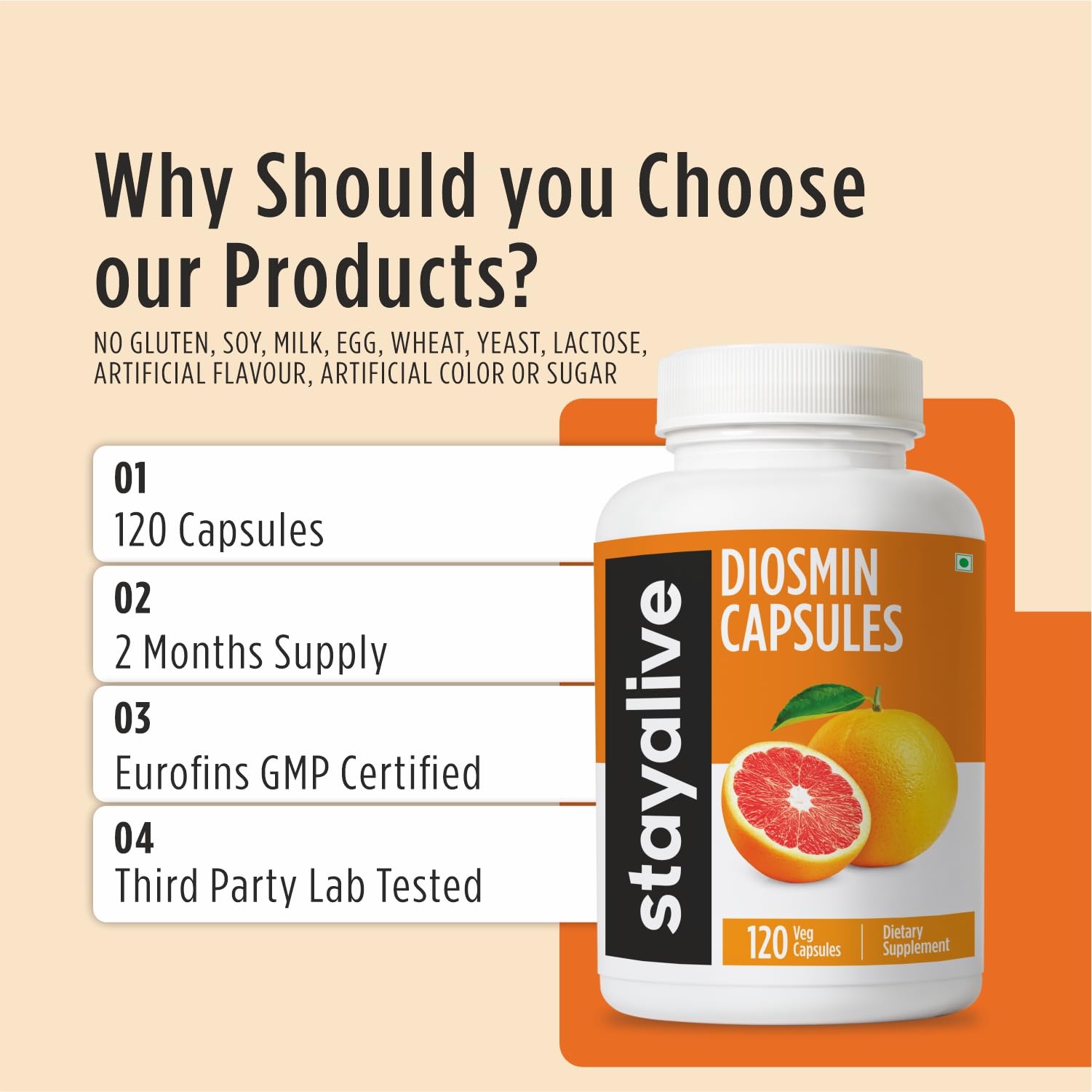 STAY ALIVE Pure Diosmin Complex 1000mg Formula, 120 Capsules, Citrus Bioflavonoids Rich Fruit Extract, 2 Month Supply, 100% Vegetarian, Non-GMO & Gluten Free Diosmin Supplement STAY ALIVE Au supplements