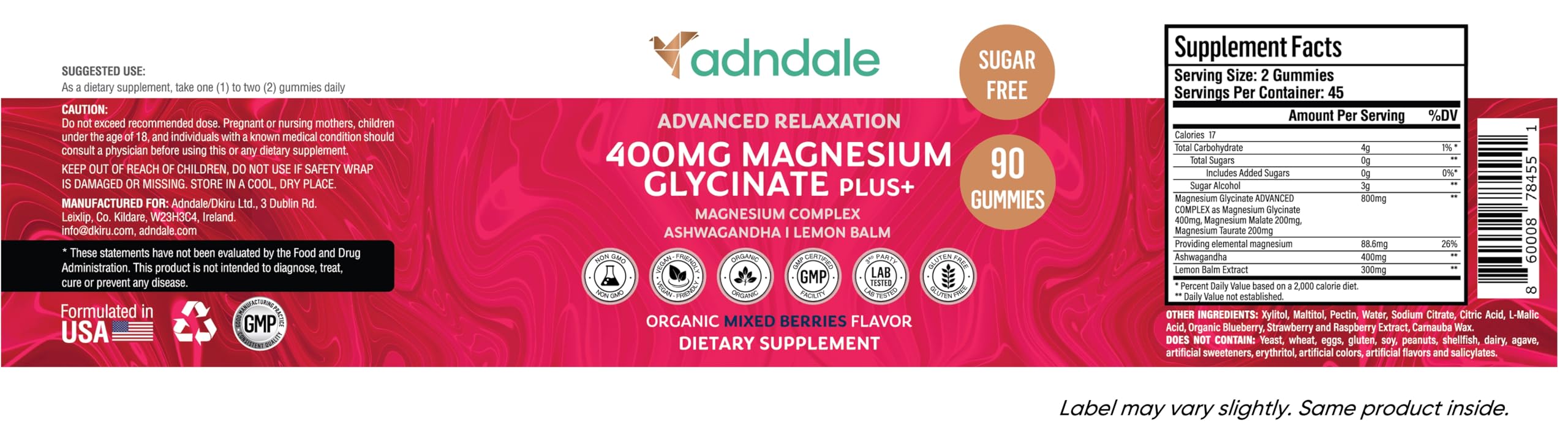 Adndale 90 CT Magnesium Glycinate 400 mg Gummies with Ashwagandha, Magnesium Malate & Taurate, Sugar Free Magnesium Gummies