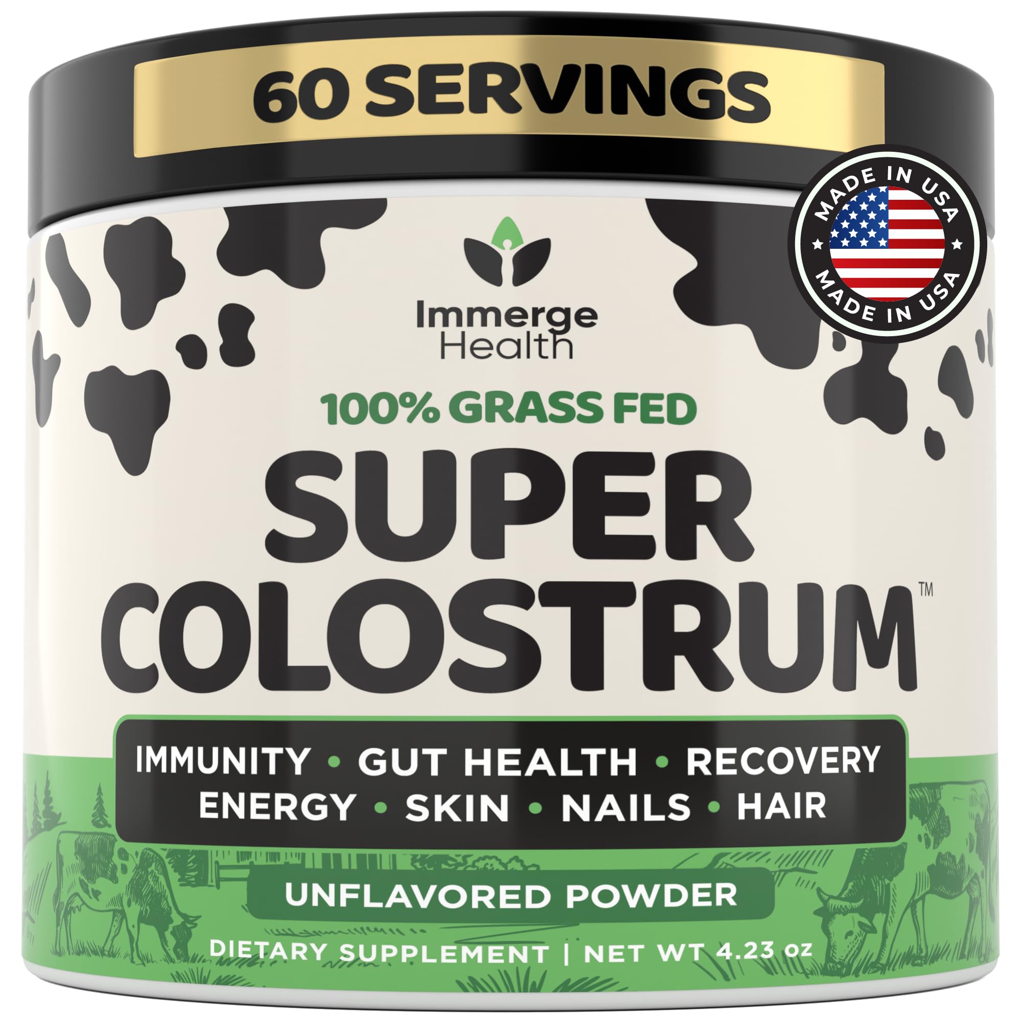 Immerge Health Super Colostrum Powder (60 Servings) – Premium Bovine Colostrum Supplement for Gut Health, Bloating & Immune Support – High IgG, 100% Grass Fed First Milking, Unflavored, Made in USA ImmergeHealth.com Au supplements