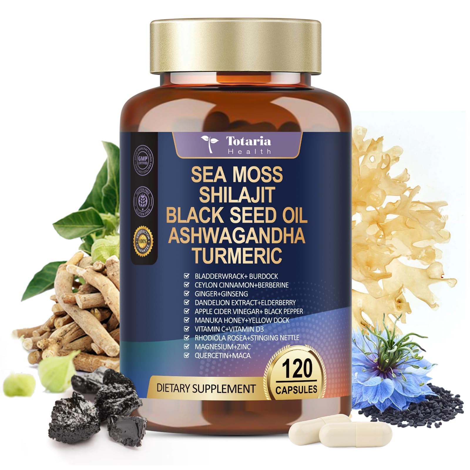 25-in-1 Sea Moss Black Seed Oil Ashwagandha Ginger Shilajit Supplement, Sea Moss Capsules Pro with Bladder Burdock Ceylon Cinnamon Berberine ACV Manuka VIT C & D3 for Men Women, 120 Vegan Caps Totaria Au supplements
