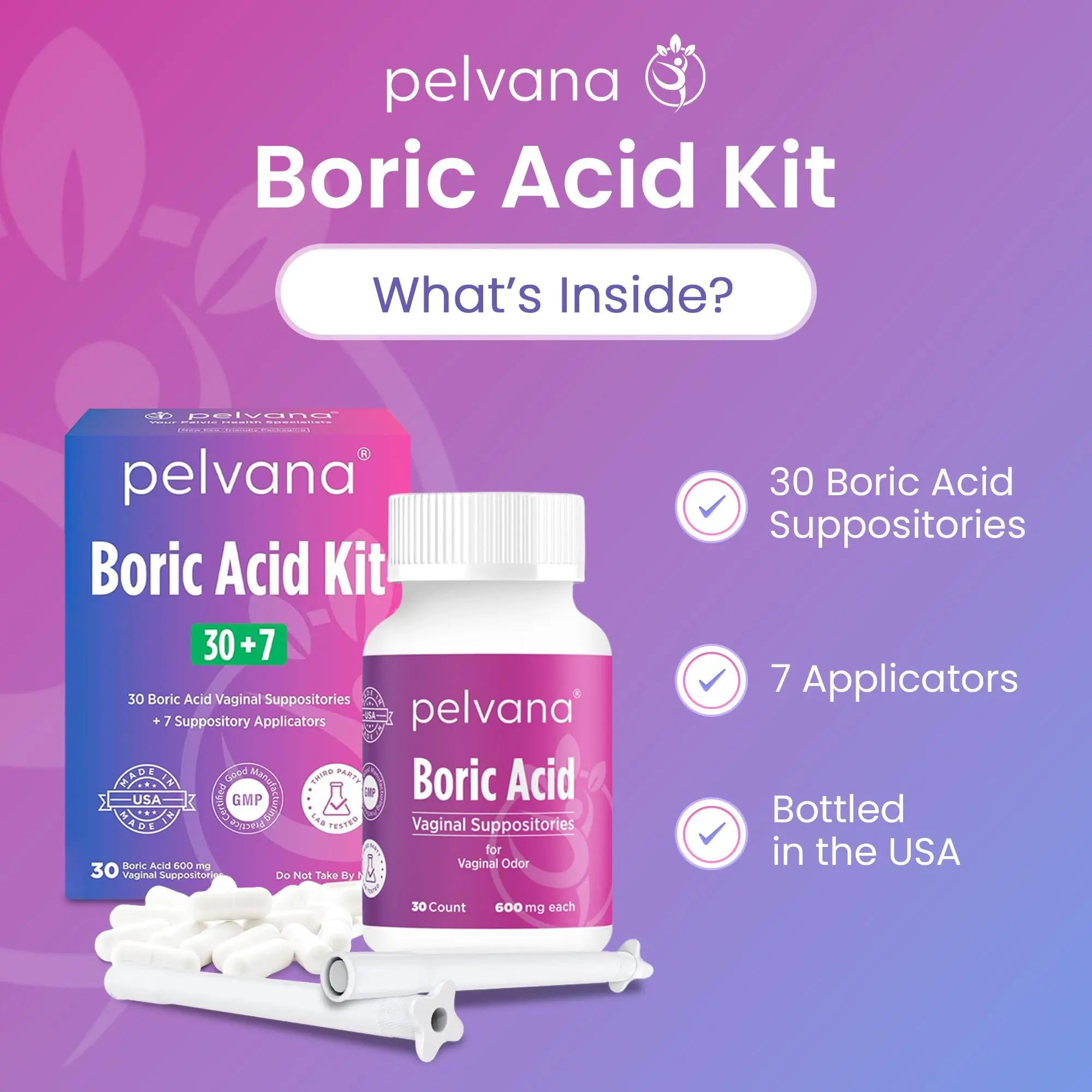 Pelvana Boric Acid Suppositories for Women - 30 Count + 7 Applicators - 600mg Boric Acid Capsules for Vaginal Odor Use Pelvana Au supplements