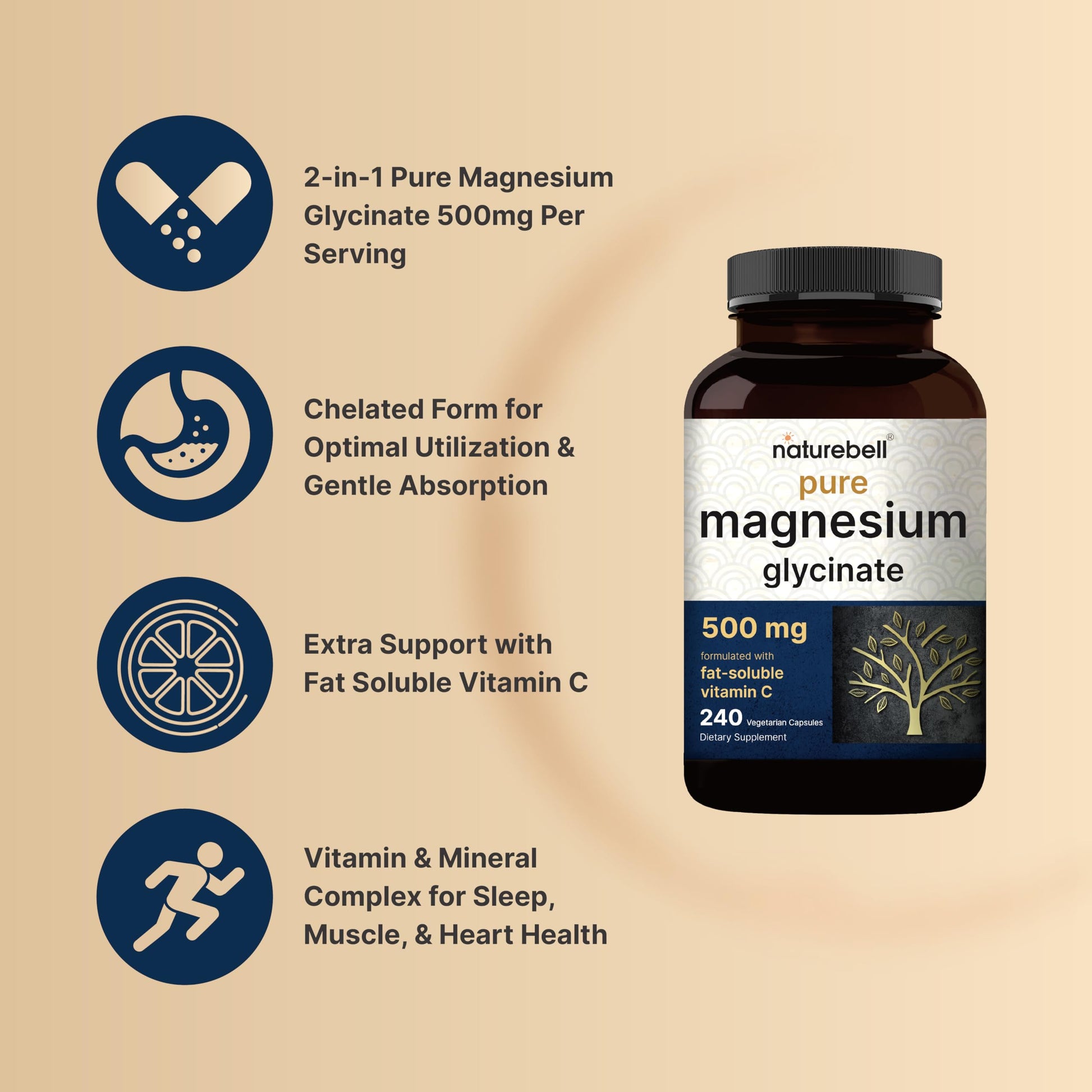Naturebell Pure Magnesium Glycinate 500mg, 240 Veggie Capsules | 100% Chelated & Purified – 3rd Party Tested, Vegan Friendly, Non-GMO, Fiiler Free NatureBell Au supplements