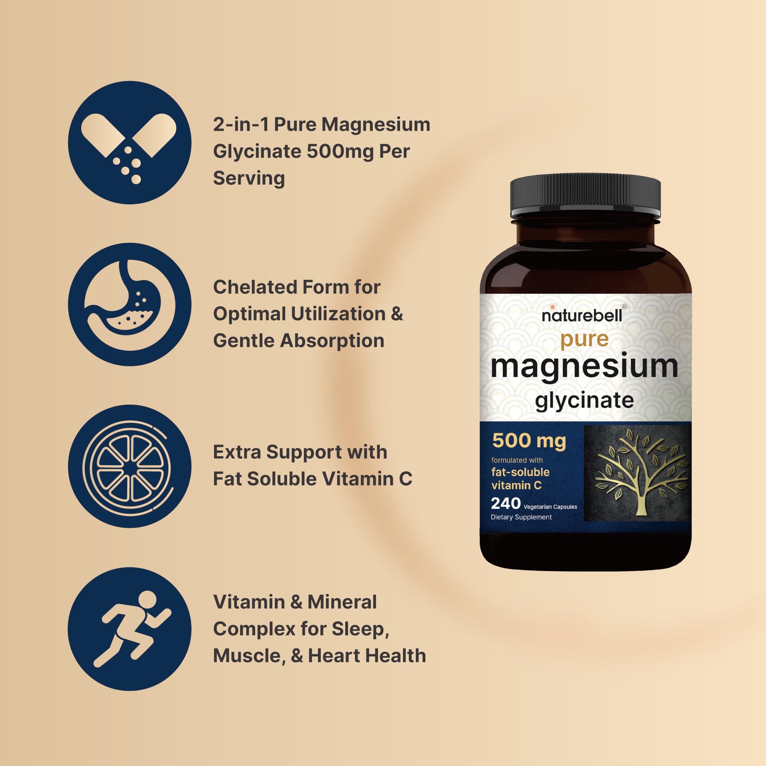 Naturebell Pure Magnesium Glycinate 500mg, 240 Veggie Capsules | 100% Chelated & Purified – 3rd Party Tested, Vegan Friendly, Non-GMO, Fiiler Free NatureBell Au supplements