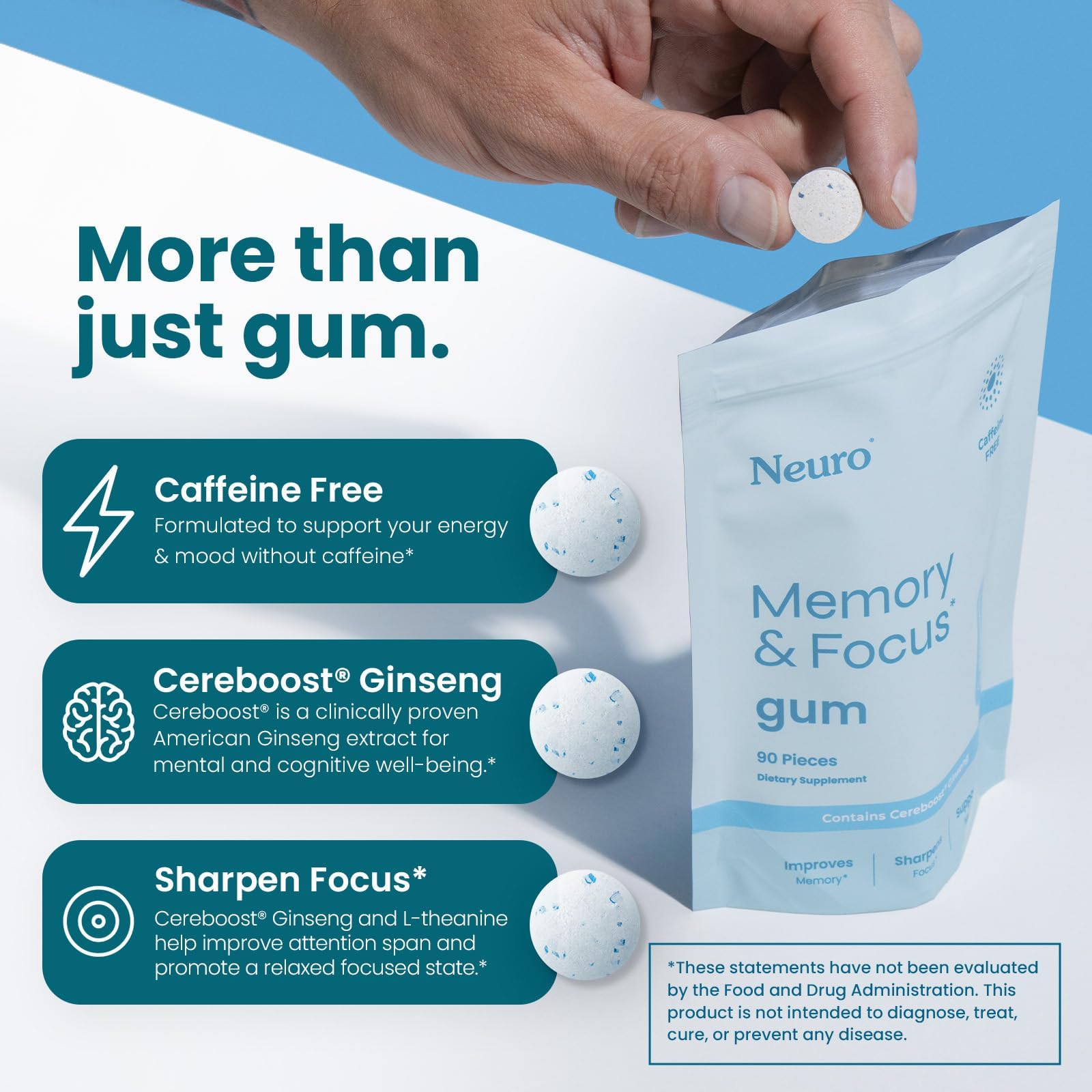 Neuro Memory & Focus Gum - Nootropic Gum with Vitamin B12, Vitamin B6, L-Theanine & Ginseng Extract - Natural Brain Support Supplement - Vegan, Caffeine & Sugar Free Chews - Peppermint, 90 ct Neuro Au supplements