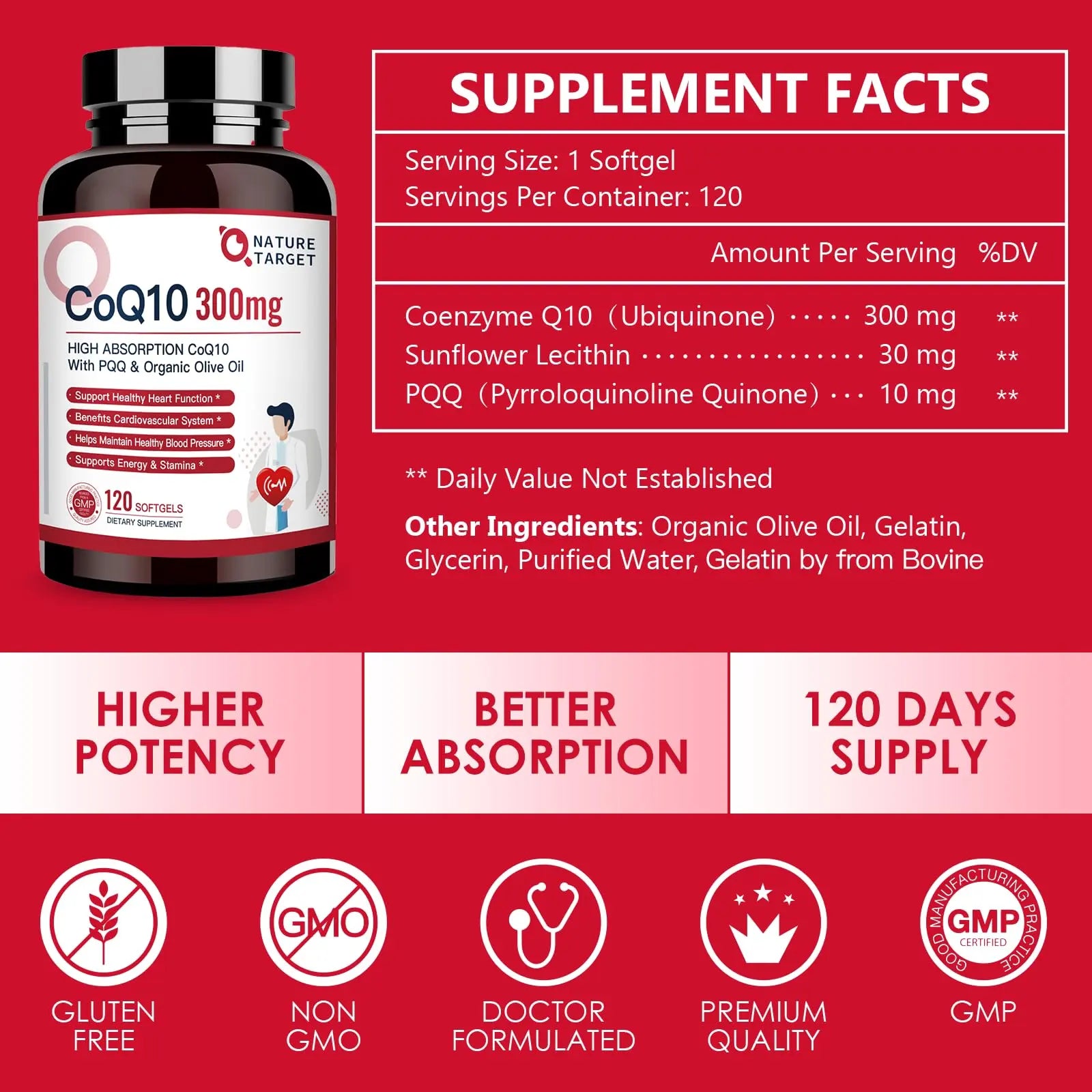 NATURE TARGET CoQ10-300mg-Softgels + PQQ with Organic-Olive-Oil - High Absorption NATURE TARGET Au supplements
