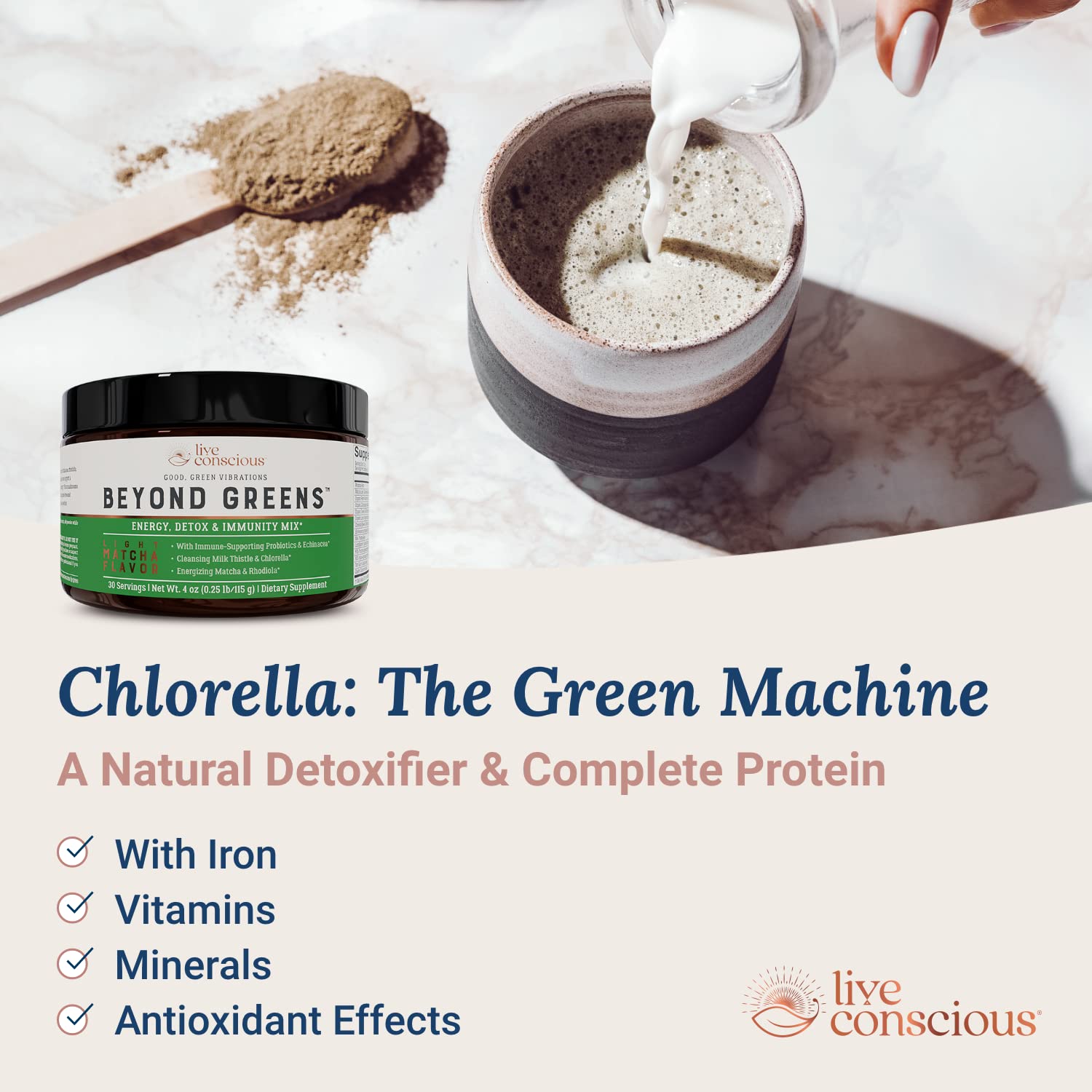 Live Conscious Beyond Greens Superfood Powder - Delicious Debloating Super Greens Powder - Matcha Greens Blend w/Chlorella, Echinacea, Probiotics for Immune Support & Energy Live Conscious Au supplements