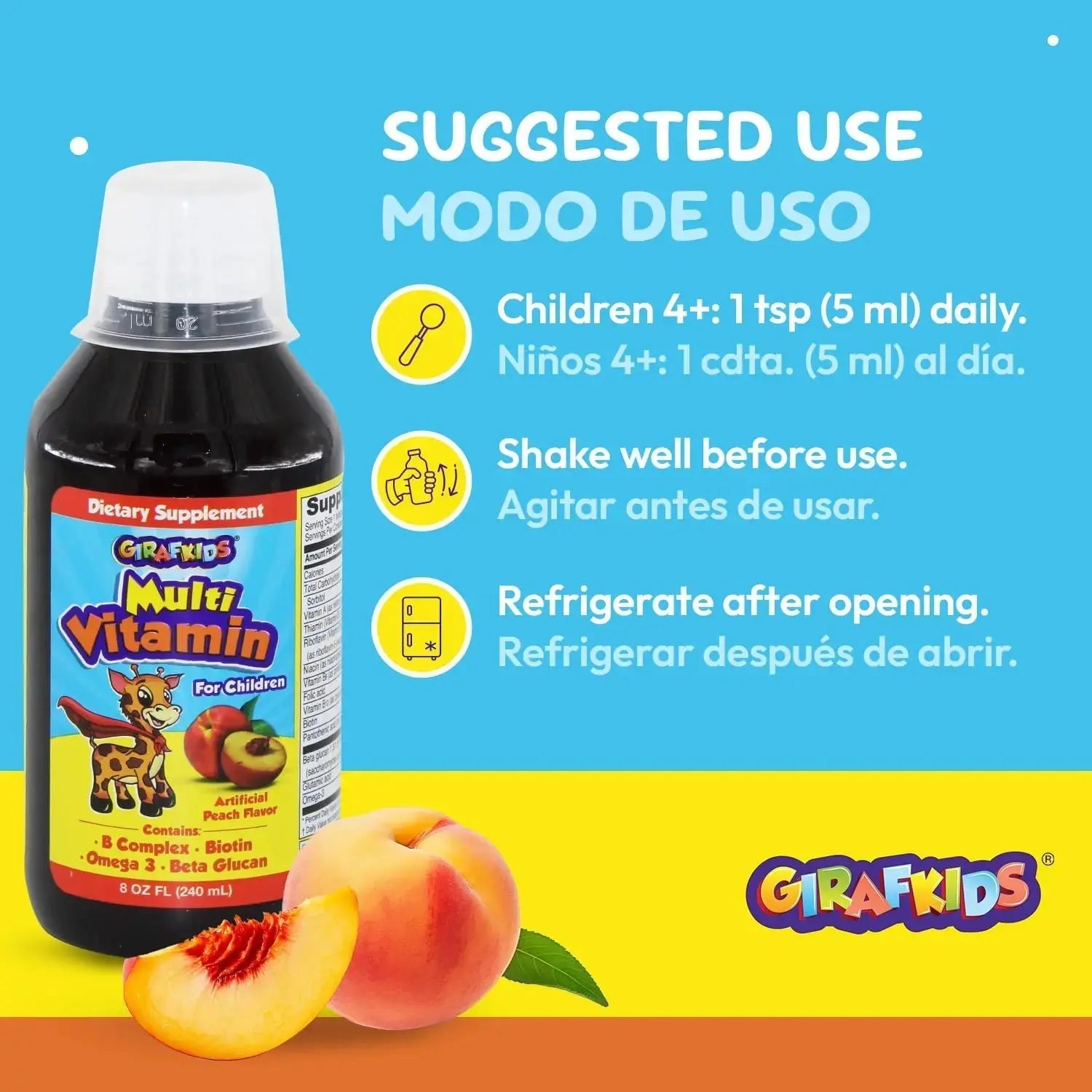 GirafKids Liquid Multivitamin for Kids Ages 4+, 8oz - Daily Child Vitamins with Biotin, Vitamin A, B Complex, Folic Acid, Omega-3 & Beta Glucan PHARMADEL Au supplements