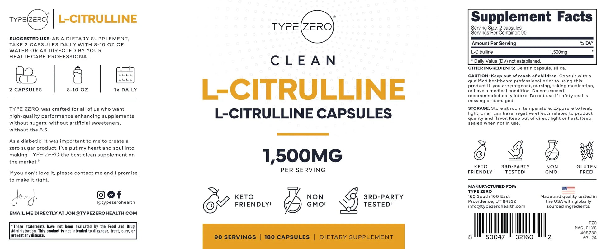 Type Zero L-Citrulline Capsules (180 Capsules) (1500 mg per Serving) - GMO-Free Type Zero Au supplements