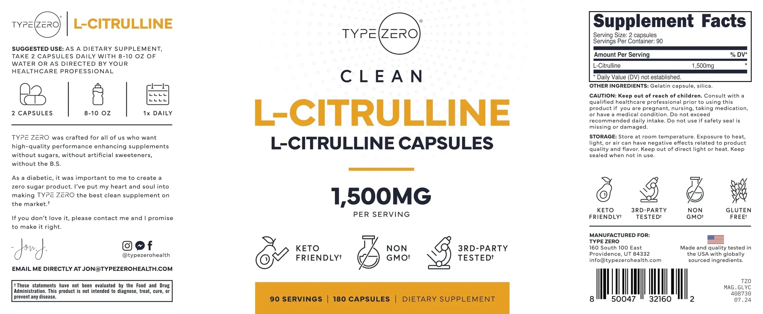 Type Zero L-Citrulline Capsules (180 Capsules) (1500 mg per Serving) - GMO-Free Type Zero Au supplements