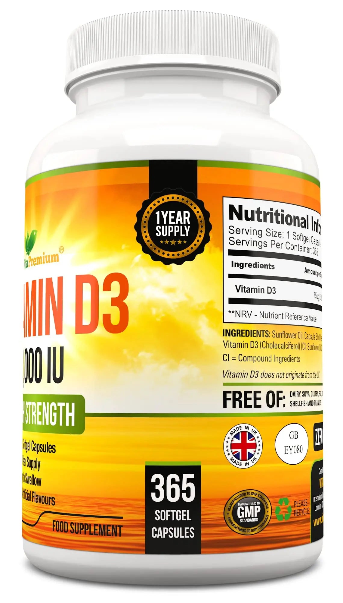 Vitamin D 3,000 IU, High Strength Vitamin D3 Supplement, 365 Easy to Swallow Softgels Vita Premium Au supplements