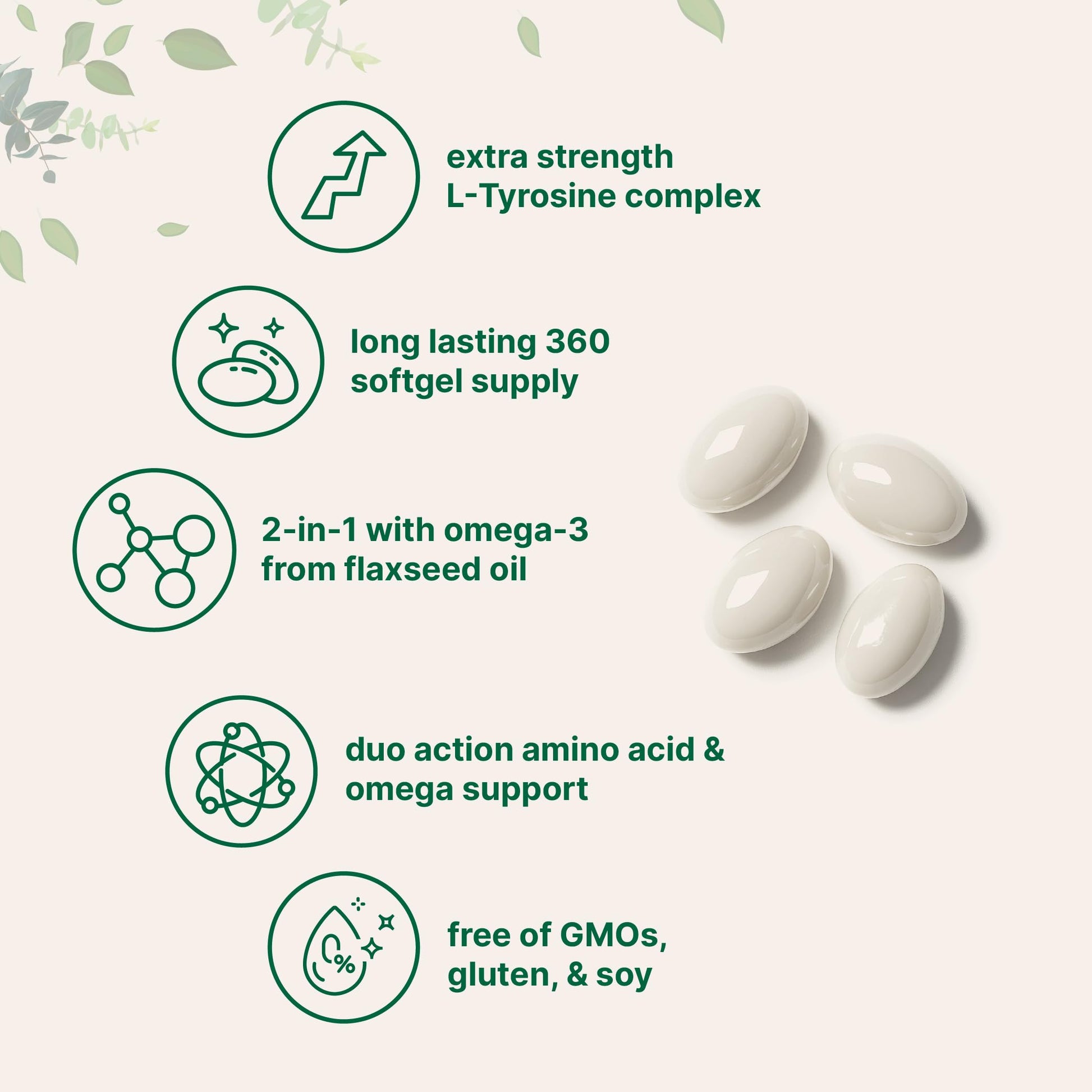 L Tyrosine Supplement 500mg with Omega-3, 360 Softgels | Duo Action Amino Acids + Omega from Flaxseed Oil 1,000mg with ALA | Heart and Mood Support | Brain Supplements for Memory and Focus | Non-GMO Micro Ingredients Au supplements