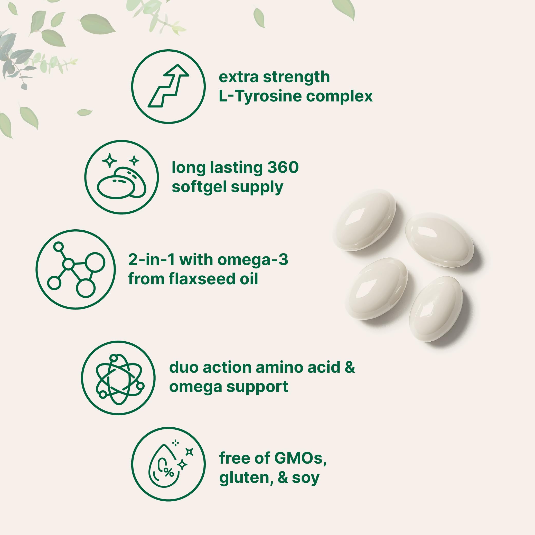 L Tyrosine Supplement 500mg with Omega-3, 360 Softgels | Duo Action Amino Acids + Omega from Flaxseed Oil 1,000mg with ALA | Heart and Mood Support | Brain Supplements for Memory and Focus | Non-GMO Micro Ingredients Au supplements