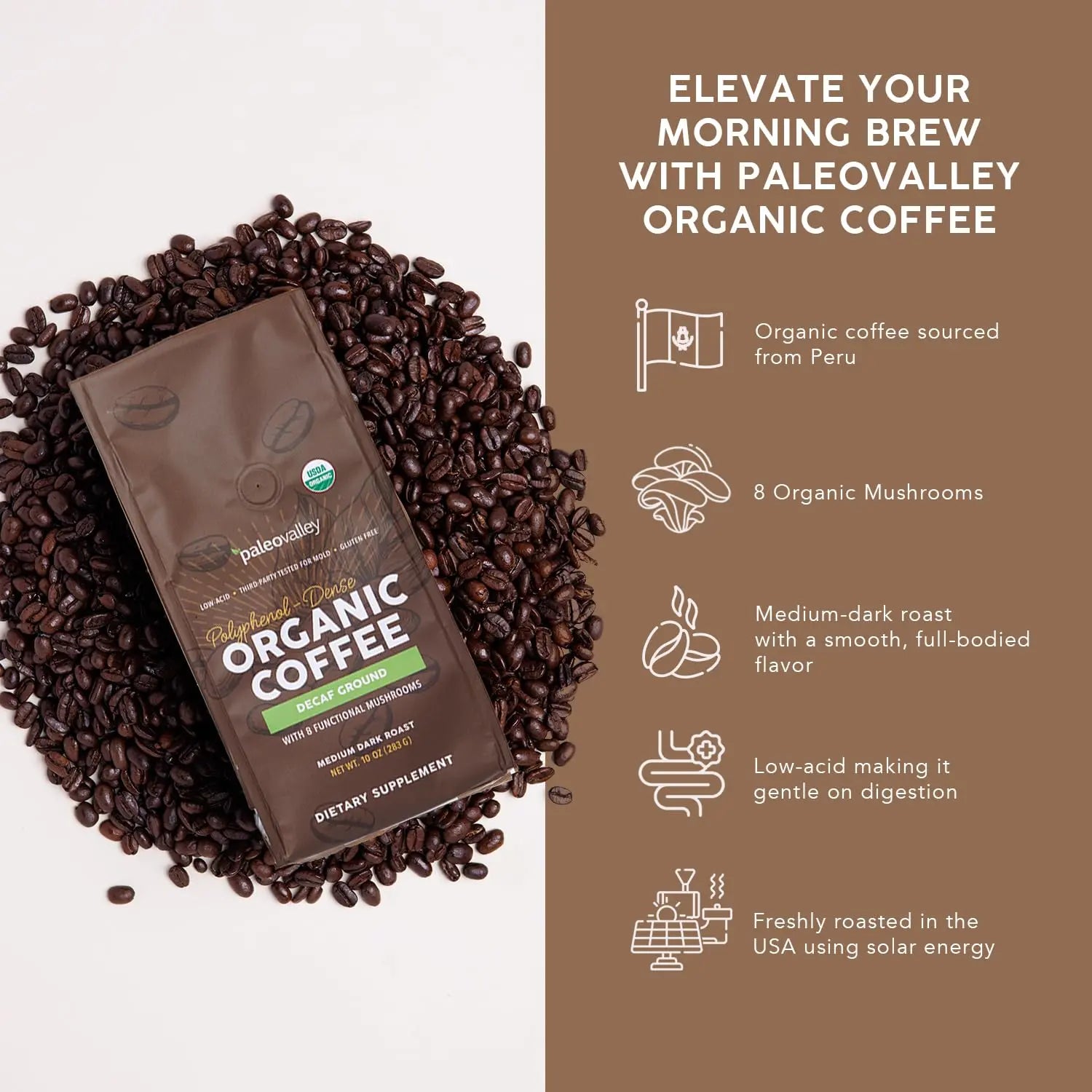 Paleovalley Organic Ground Coffee, 10oz - Decaf, Low Acid, Single-Origin, Polyphenol-Rich, Infused with Mushrooms Paleovalley Au supplements