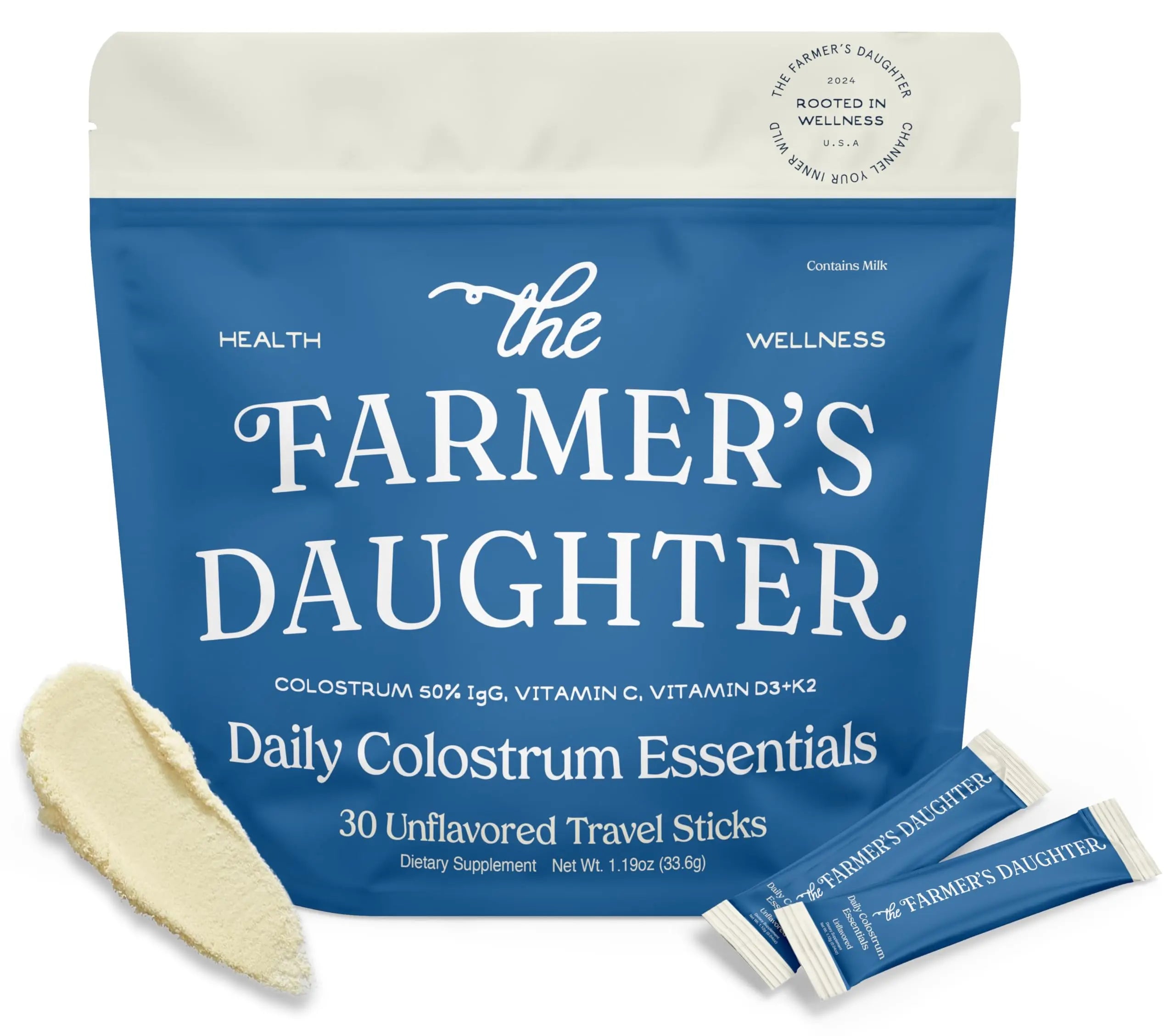 THE FARMER'S DAUGHTER Colostrum Powder | Unflavored | Gut Health & Bloating | Hair, Skin & Nails | Immunity Supplement | 30 Individual Travel Stick Packs THE FARMER'S DAUGHTER Au supplements