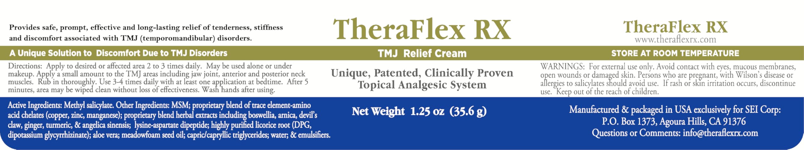 Theraflex RX® TMJ Cream (Doctor Formulated). This is a Patented Topical Cream which Provides Masseter Muscle and temporomandibular Joint Relief (TMJ) Theraflex RX Au supplements