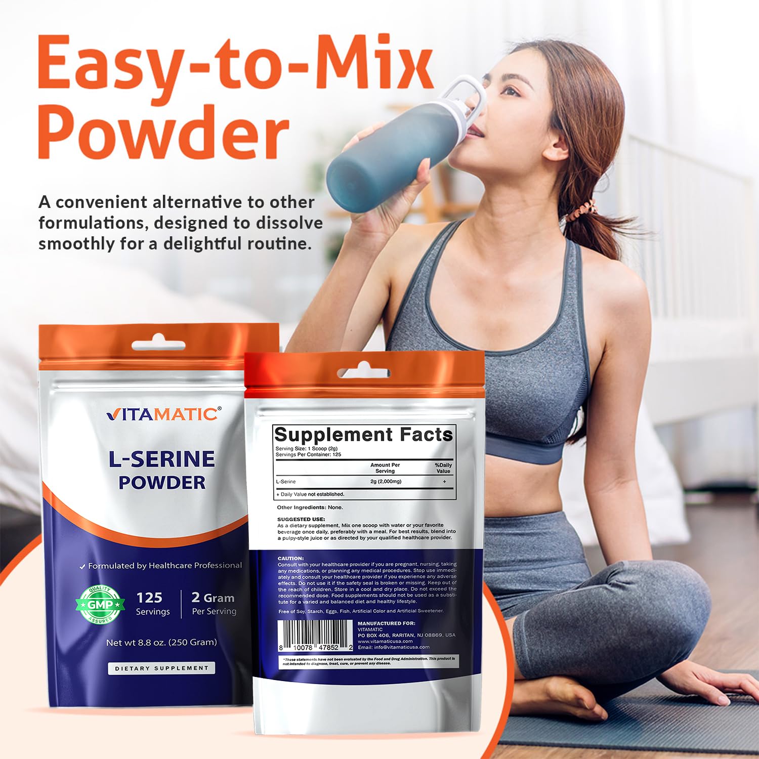 Vitamatic L-Serine Pure Powder 250 Gram | 2000 mg per Serving | 125 Servings | Unflavored | No Additives | Free of Soy, Eggs, Fish & Artificial Ingredients Vitamatic Au supplements