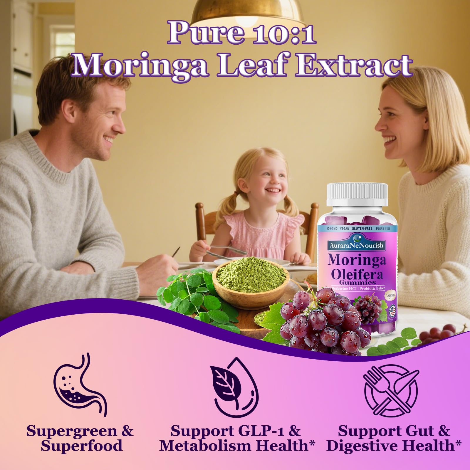 AuraraNeNourish Organic Moringa Oleifera Gummies for Women & Men, 8-in-1 Superfood Blend w. Berberine HCl & Moringa Leaf Extract for GLP-1 Support & Energy Immune Joint & Gut Health Sugar-Free AuraraNeNourish Au supplements