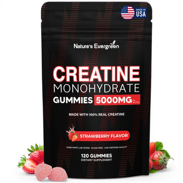 Creatine Monohydrate 5000mg Gummies, Pre-Workout 5g Creatine Gummy Supplement for Men & Women: Muscle Builder & Energy Boost, Sugar Free, Vegan, Strawberry Flavor, (120 Count) Made in USA Nature's Evergreen Au supplements
