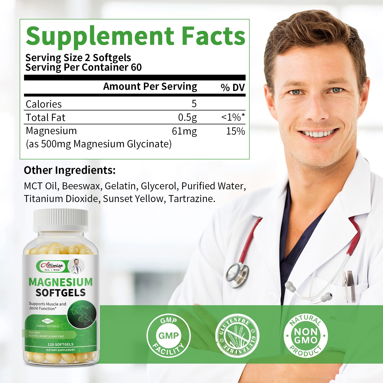 Magnesium Glycinate 500mg Softgels Supplement, Small Easy to Swallow Magnesium Gelcaps High Absorption for Night Leg&Sleep Support, Muscle&Bone, Calm, Non GMO, 120 Gelcaps, 60 Day Supply Alliwise Au supplements