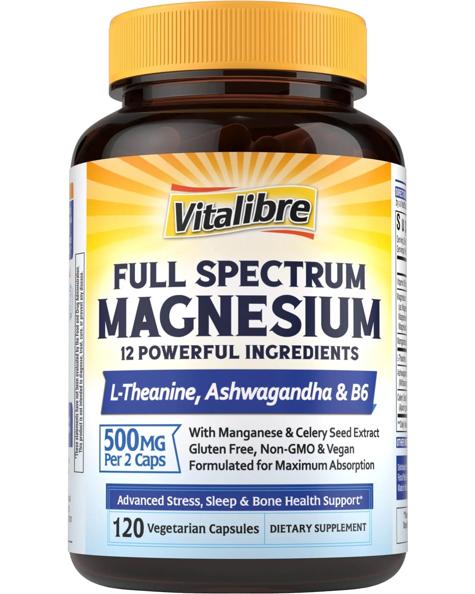 Vitalibre Magnesium Complex Supplement 500mg + Ashwagandha, L-Theanine, Vitamin B6 & Celery, High Absorption Magnesium Glycinate, Citrate, Malate, Sleep & Bone Support, 120 Vegan Capsules Vitalibre Au supplements