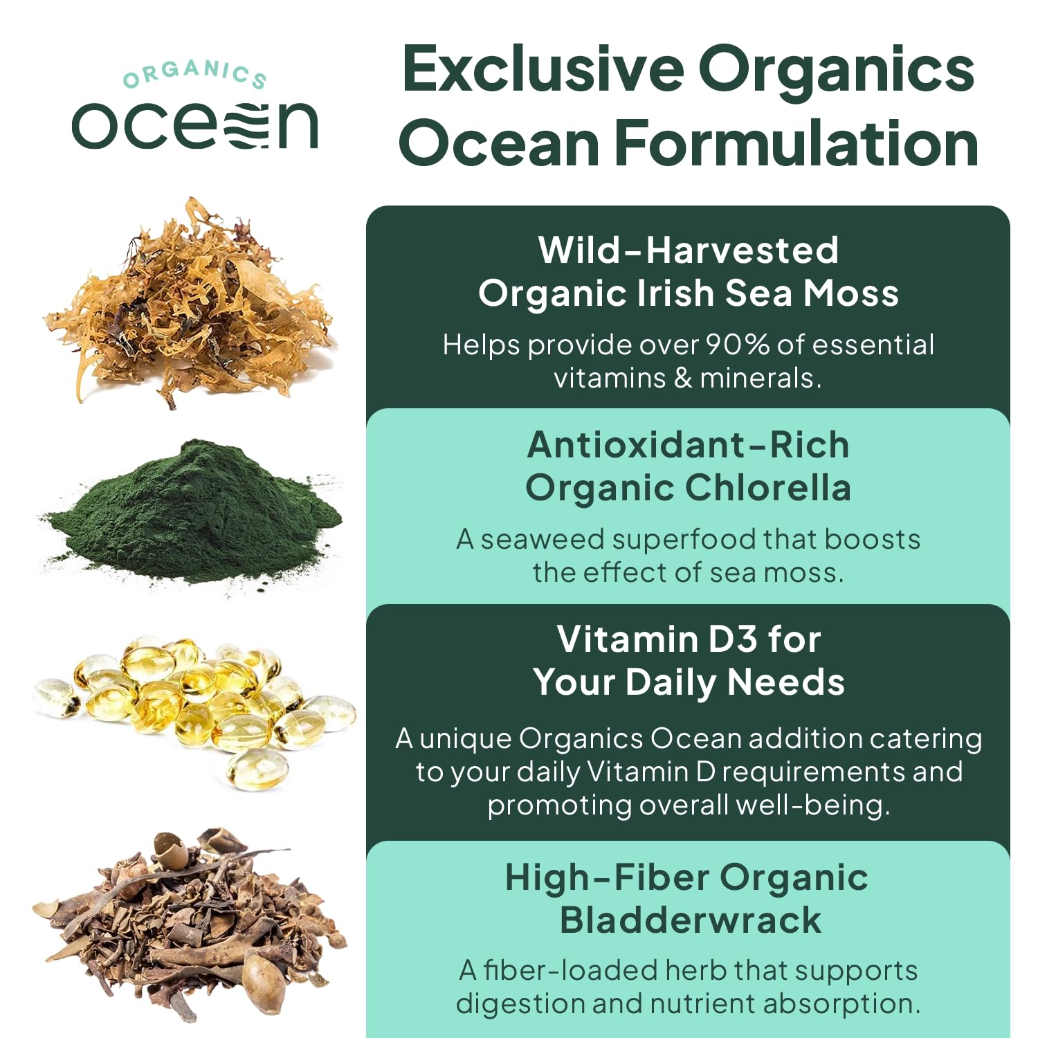 Organics Ocean Wild Sea Moss Capsules - 100% Organic Irish Sea Moss with Organic Chlorella, Bladderwrack and Vitamin D for Energy, Lung Health and Thyroid Support for Women and Men - 60 Capsules Organics Ocean Au supplements