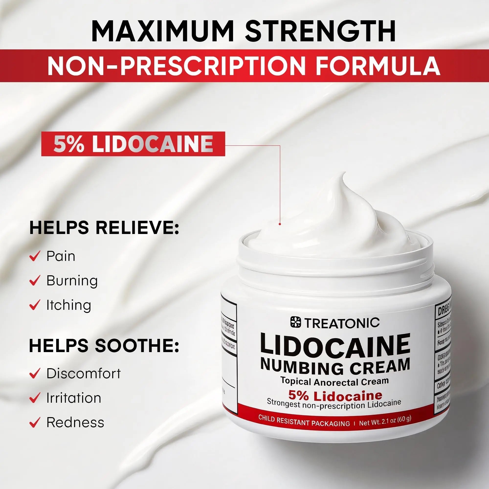 5% Lidocaine Topical Numbing Cream: Maximum Strength Topical Anesthetic Numb Cream for Pain Relief, Itching, Burning, Soreness, Hemorrhoid - Fast Acting & Long Lasting Numbing Formulation - 2.1 oz Treatonic Au supplements