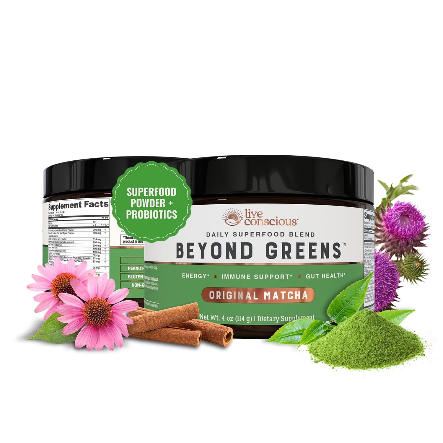 Live Conscious Beyond Greens Superfood Powder - Delicious Debloating Super Greens Powder - Matcha Greens Blend w/Chlorella, Echinacea, Probiotics for Immune Support & Energy Live Conscious Au supplements