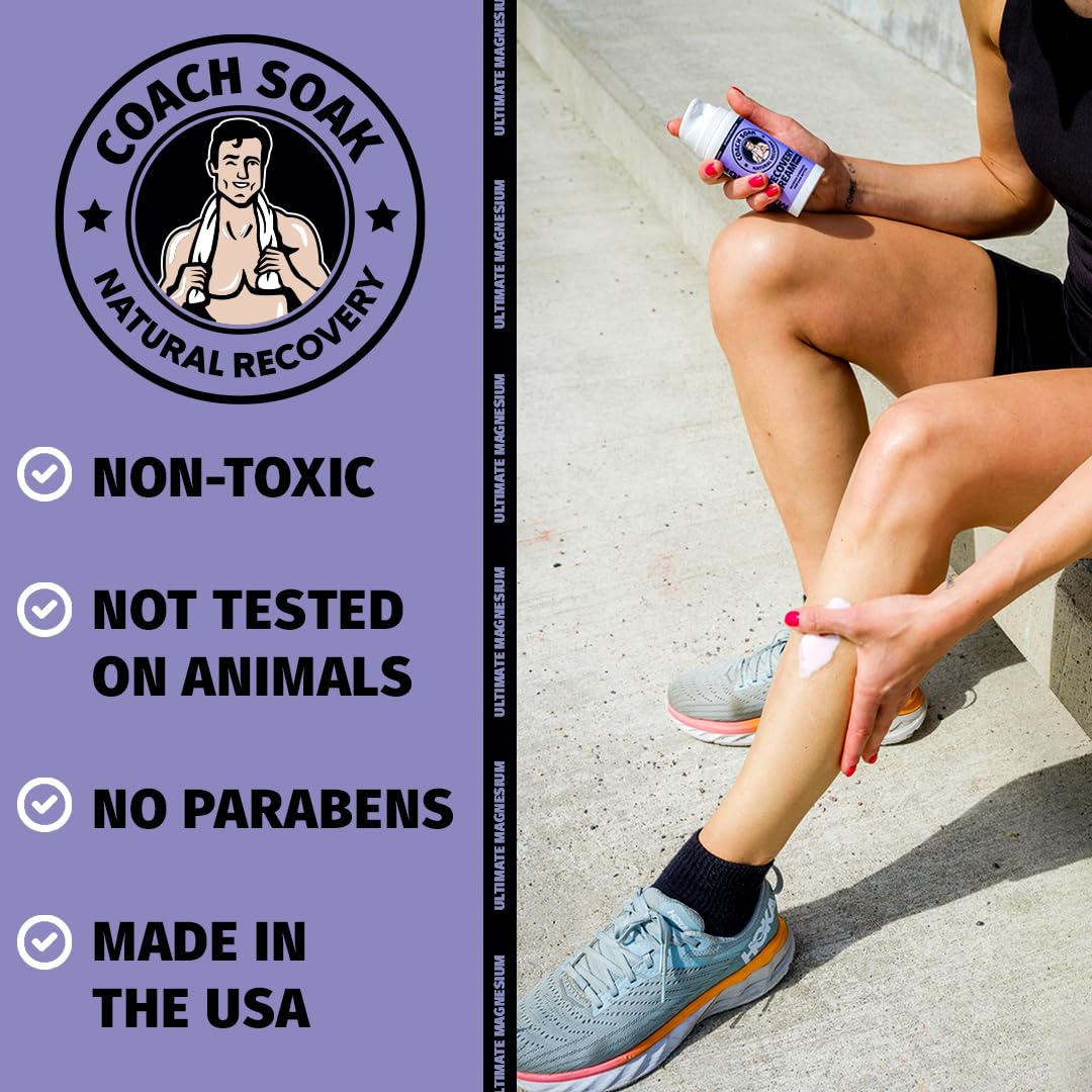 Coach Soak Magnesium Cream with MSM in Pump Bottle - Natural Recovery Cream with Magnesium Chloride & Menthol - Fast-Absorbing for Muscles & Joints, Lavender 3.4oz Coach Soak Au supplements