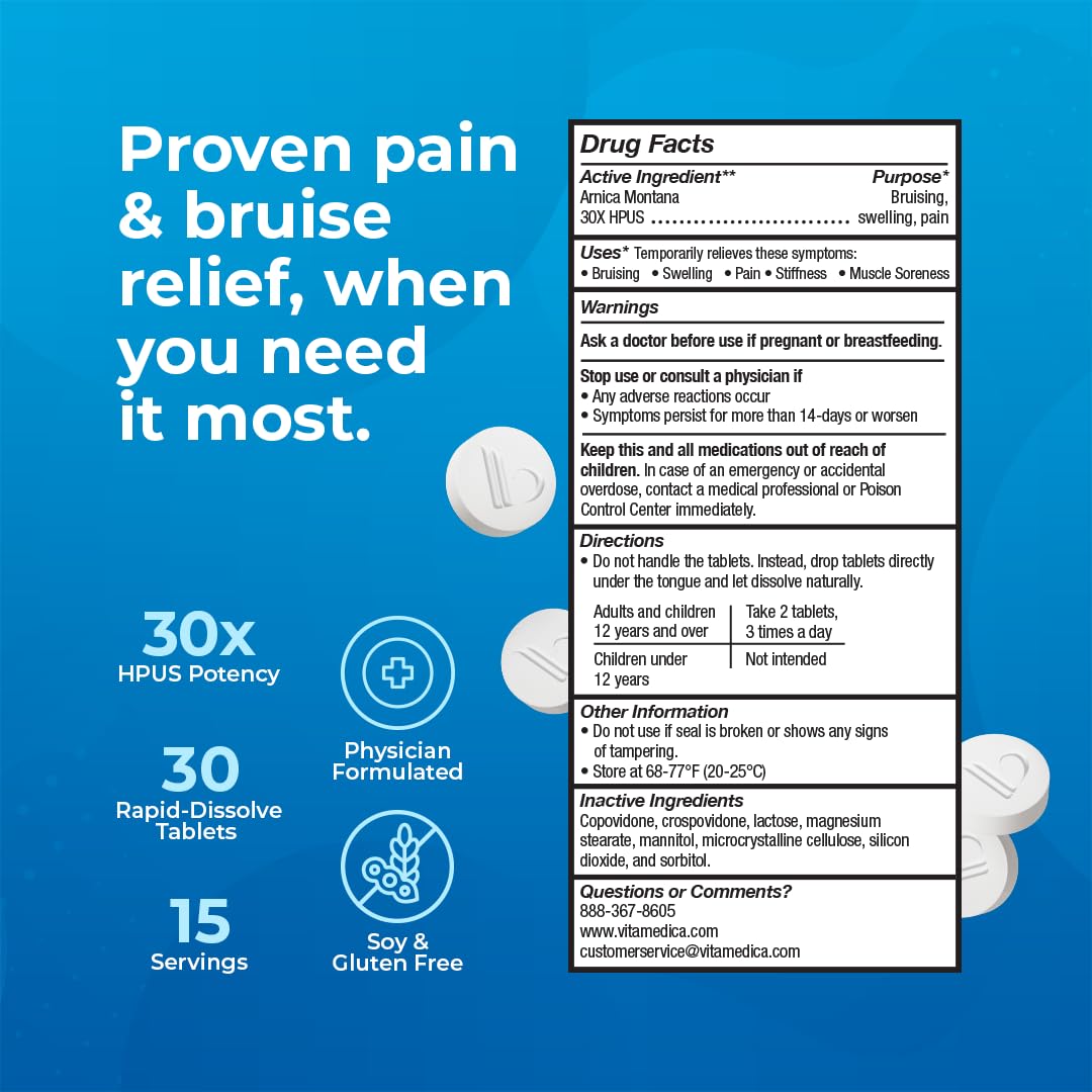 Arnica Montana 30X HPUS, Clinical Grade, Quick Dissolve Tablets, Five-Day Recovery Pack for Pain and Bruise Relief After Surgery or Injury, Natural Healing, Gentle on The Stomach - 30 Count VitaMedica Au supplements