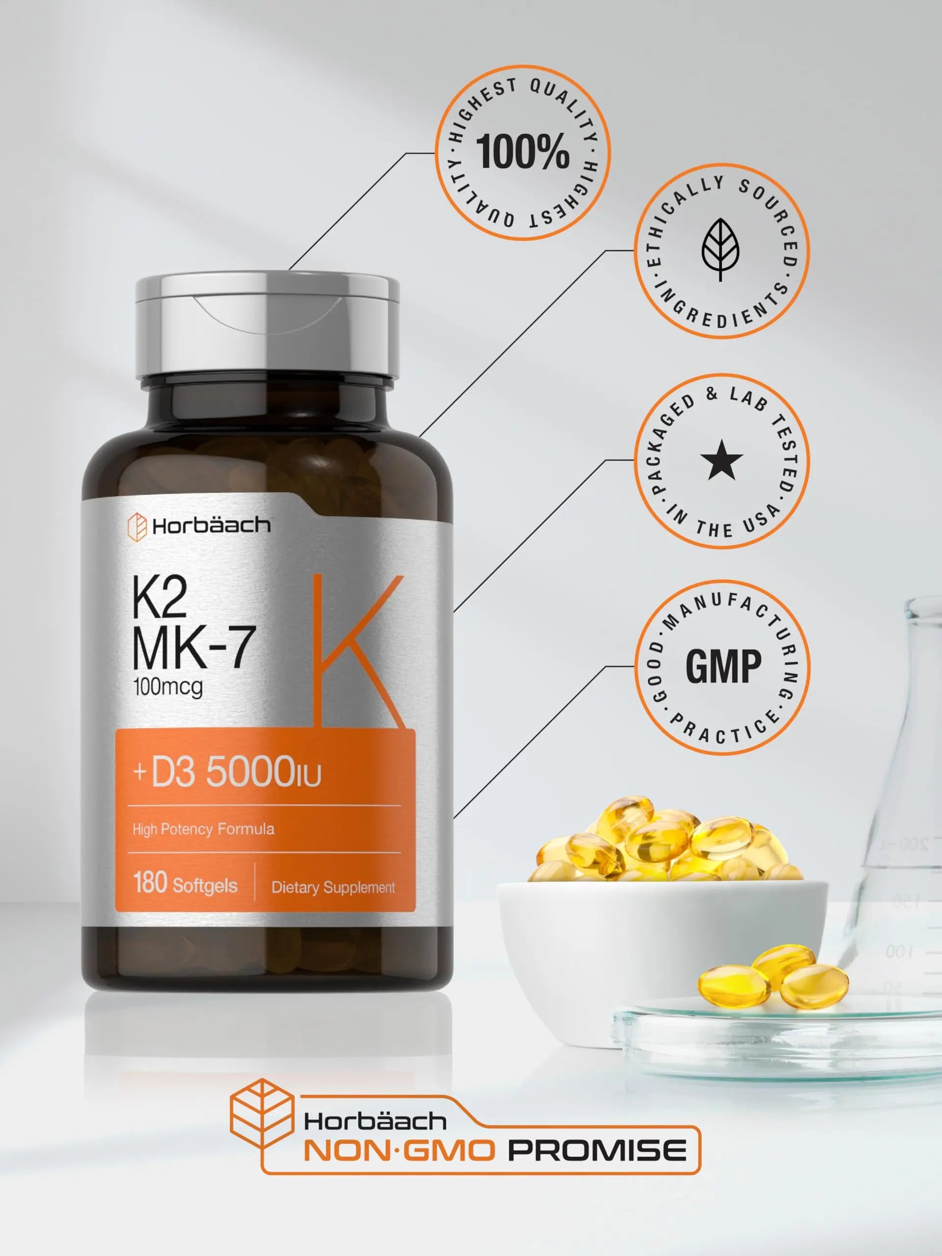 Horbäach Vitamin D3 K2 | 5000iu of Vitamin D & 100mcg MK-7 Complex | 180 Softgel Cap Horbäach Au supplements