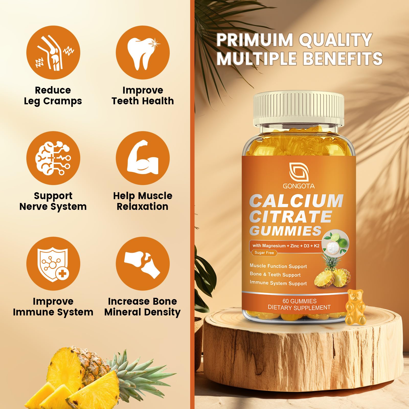 GONGOTA Calcium Citrate 1200mg with Vitamin D3 Gummies, Chewable Calcium for Bone, Muscle, Joints, Immune Support, Calcium Supplements for Women & Men,Sugar Free, Pineapple Flavor - 120 Gummies GONGOTA Au supplements